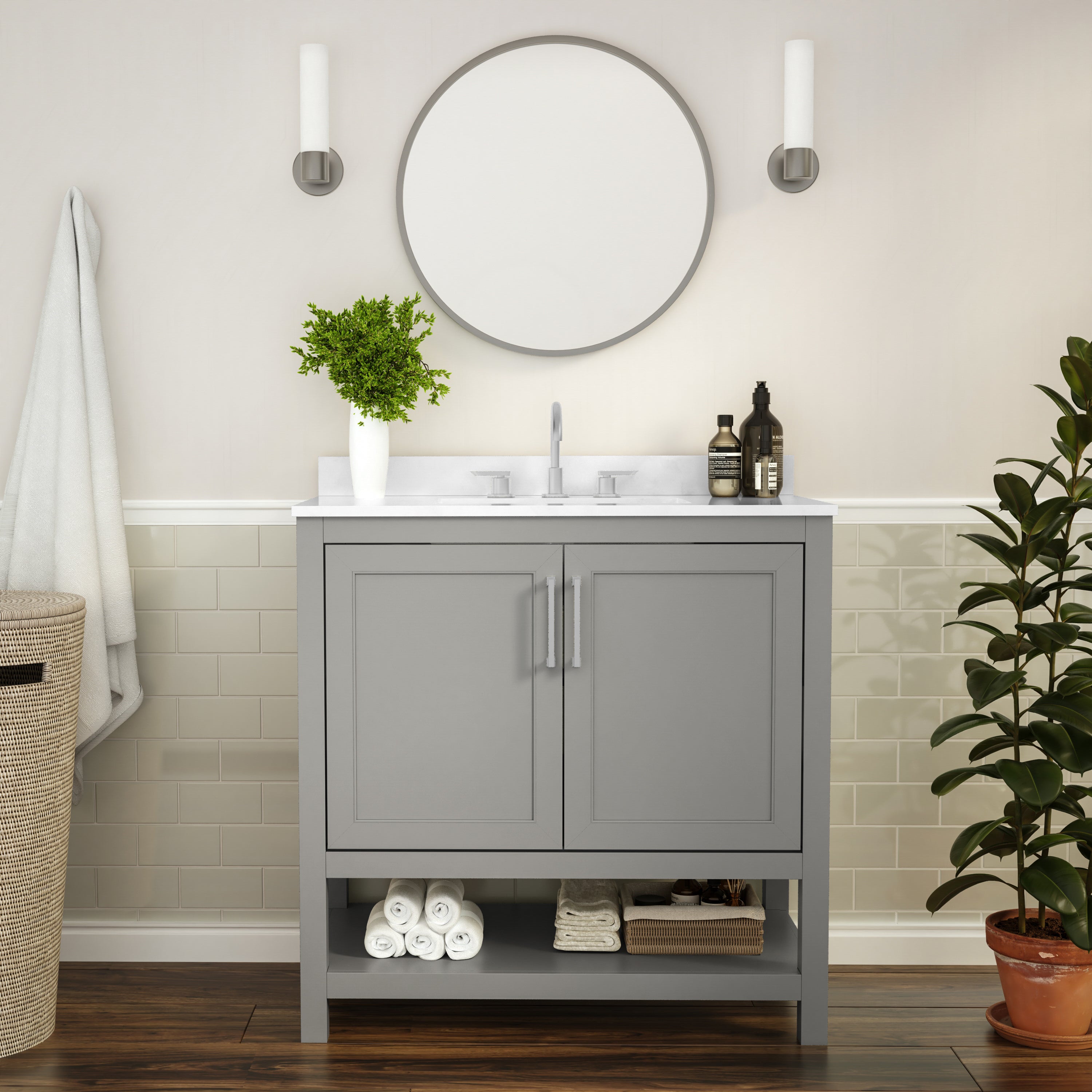 Vega 36 Inch Bathroom Vanity with Sink Combo, Storage Cabinet with Soft Close Doors and Open Shelf, Carrara Marble Finish Countertop, Gray/White