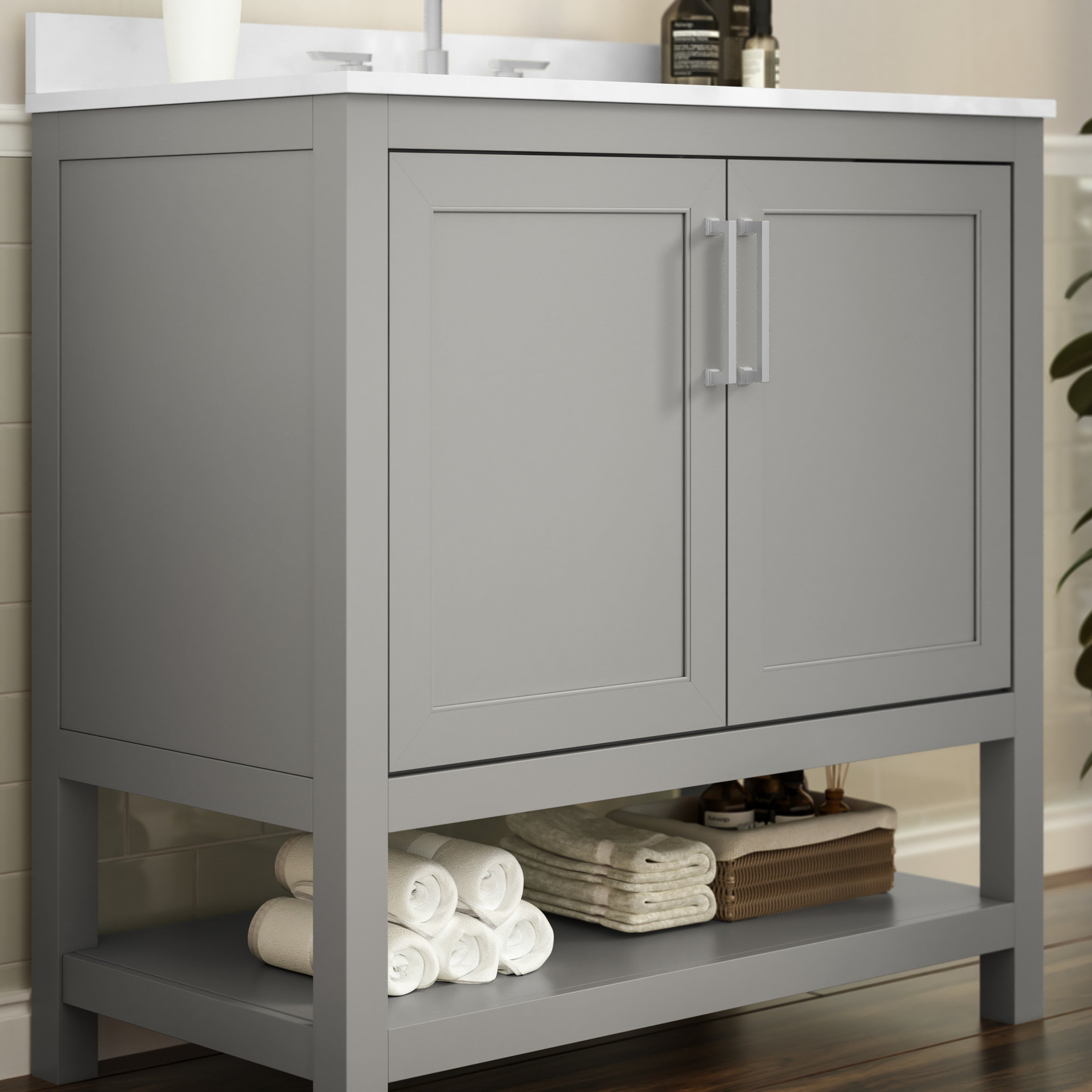 Vega 36 Inch Bathroom Vanity with Sink Combo, Storage Cabinet with Soft Close Doors and Open Shelf, Carrara Marble Finish Countertop, Gray/White