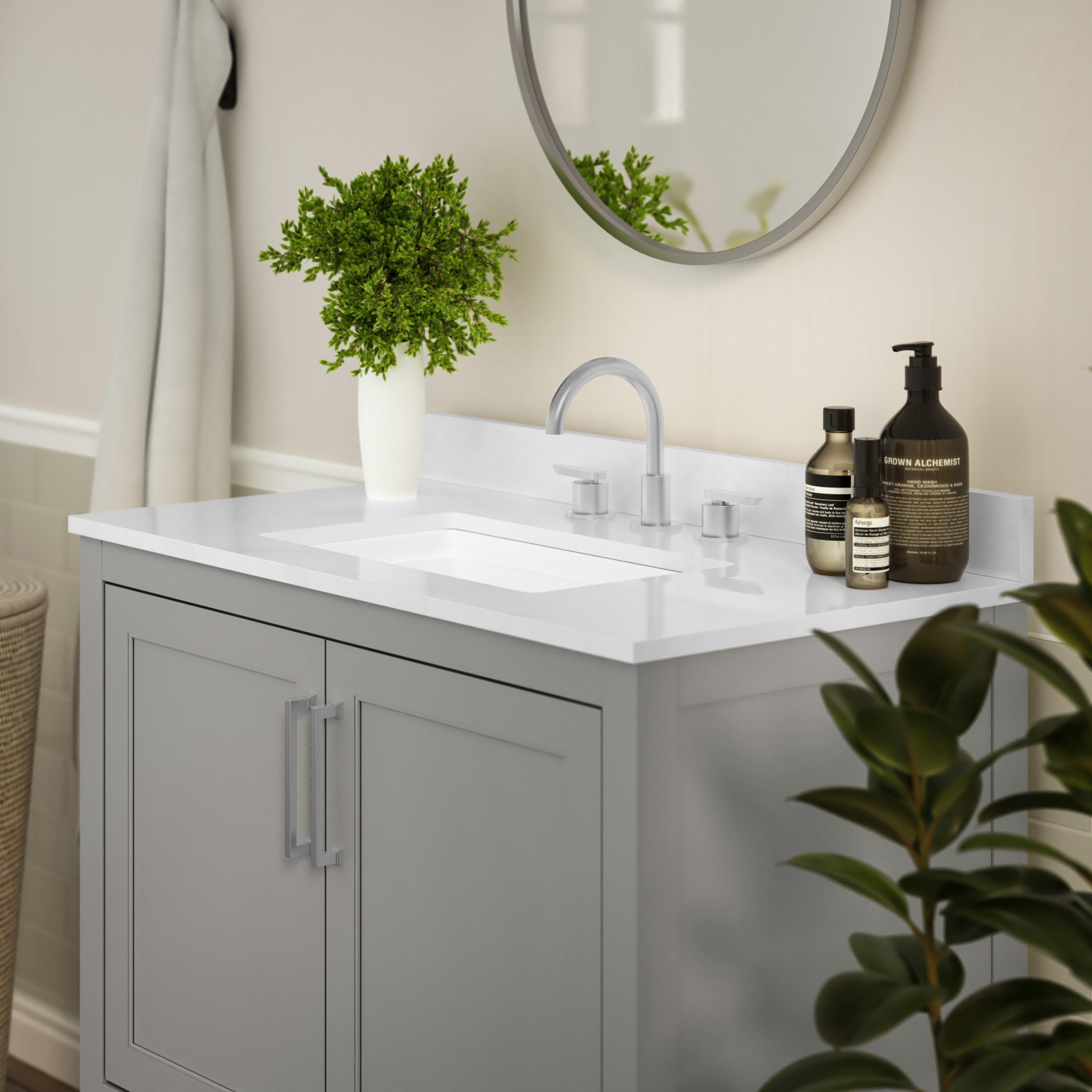 Vega 36 Inch Bathroom Vanity with Sink Combo, Storage Cabinet with Soft Close Doors and Open Shelf, Carrara Marble Finish Countertop, Gray/White