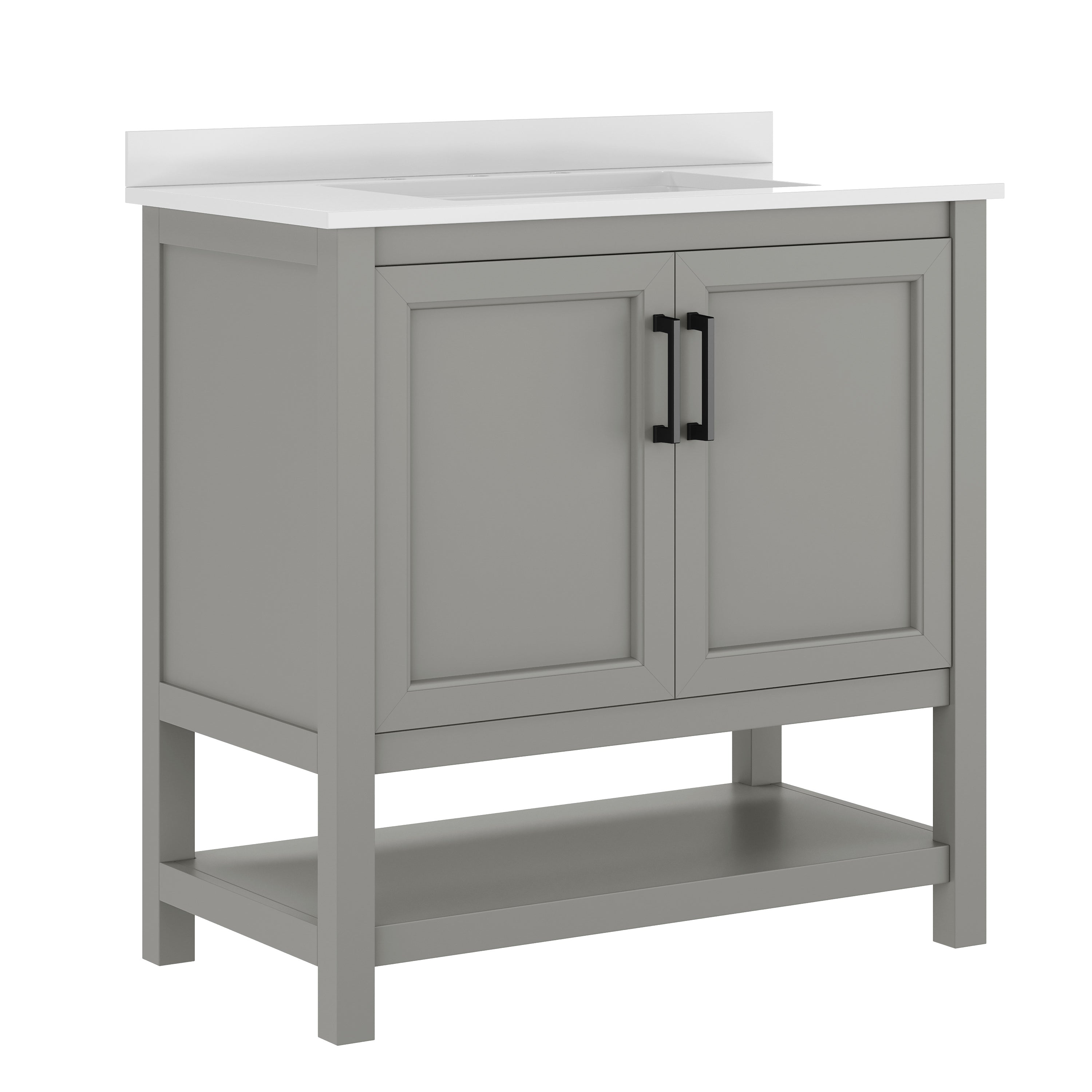 Vega 36" Bathroom Vanity with Sink, Storage Cabinet with Black Hardware, Soft Close Doors & Open Shelf, Carrara Marble Finish Countertop, Gray/White