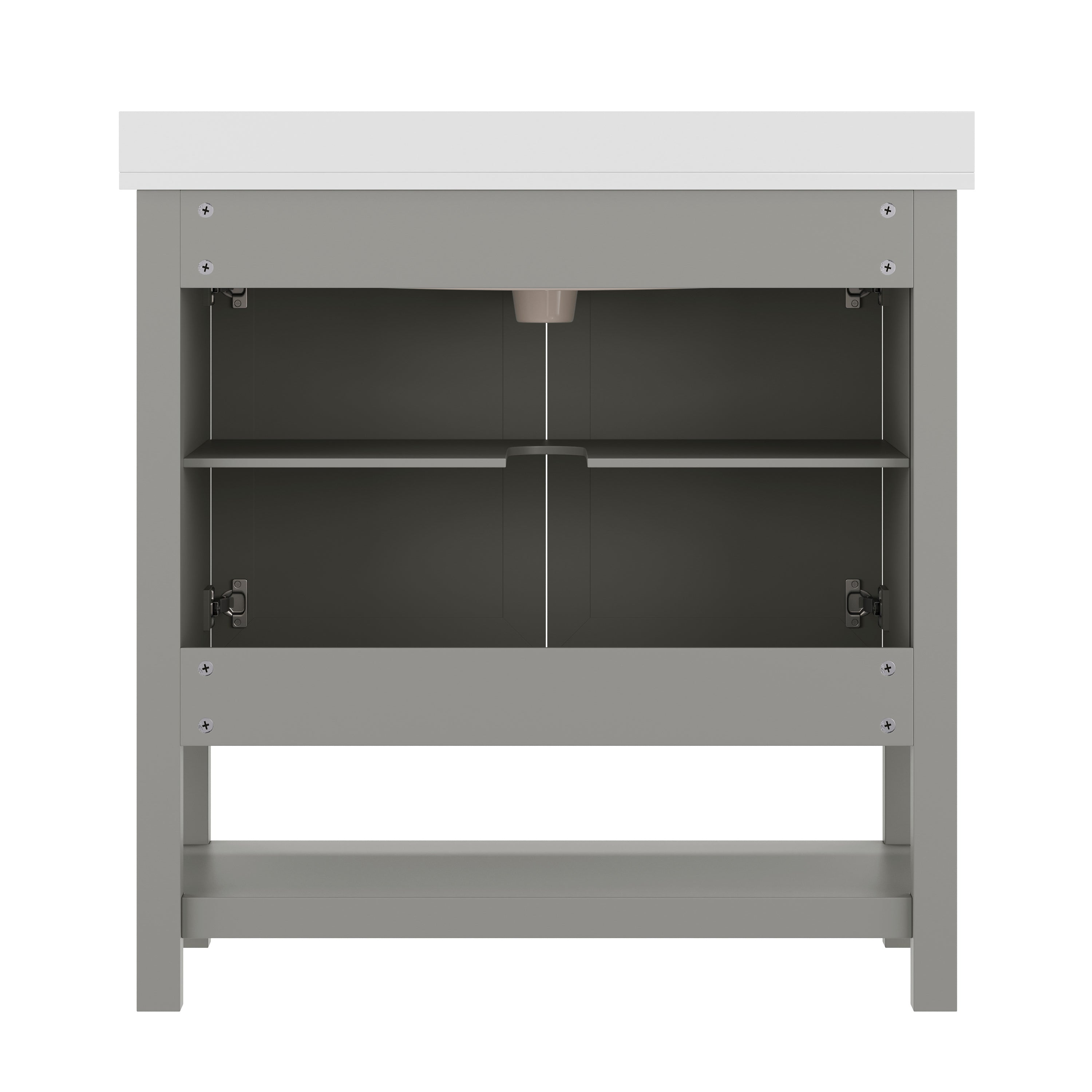 Vega 36" Bathroom Vanity with Sink, Storage Cabinet with Black Hardware, Soft Close Doors & Open Shelf, Carrara Marble Finish Countertop, Gray/White