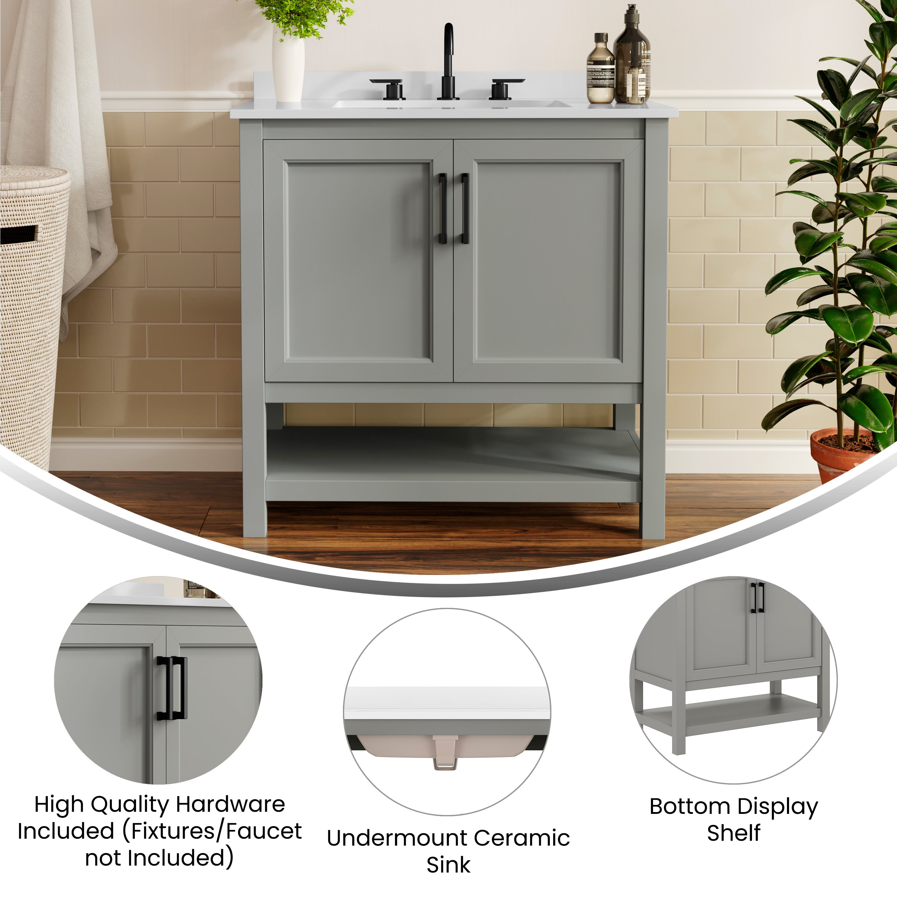 Vega 36" Bathroom Vanity with Sink, Storage Cabinet with Black Hardware, Soft Close Doors & Open Shelf, Carrara Marble Finish Countertop, Gray/White