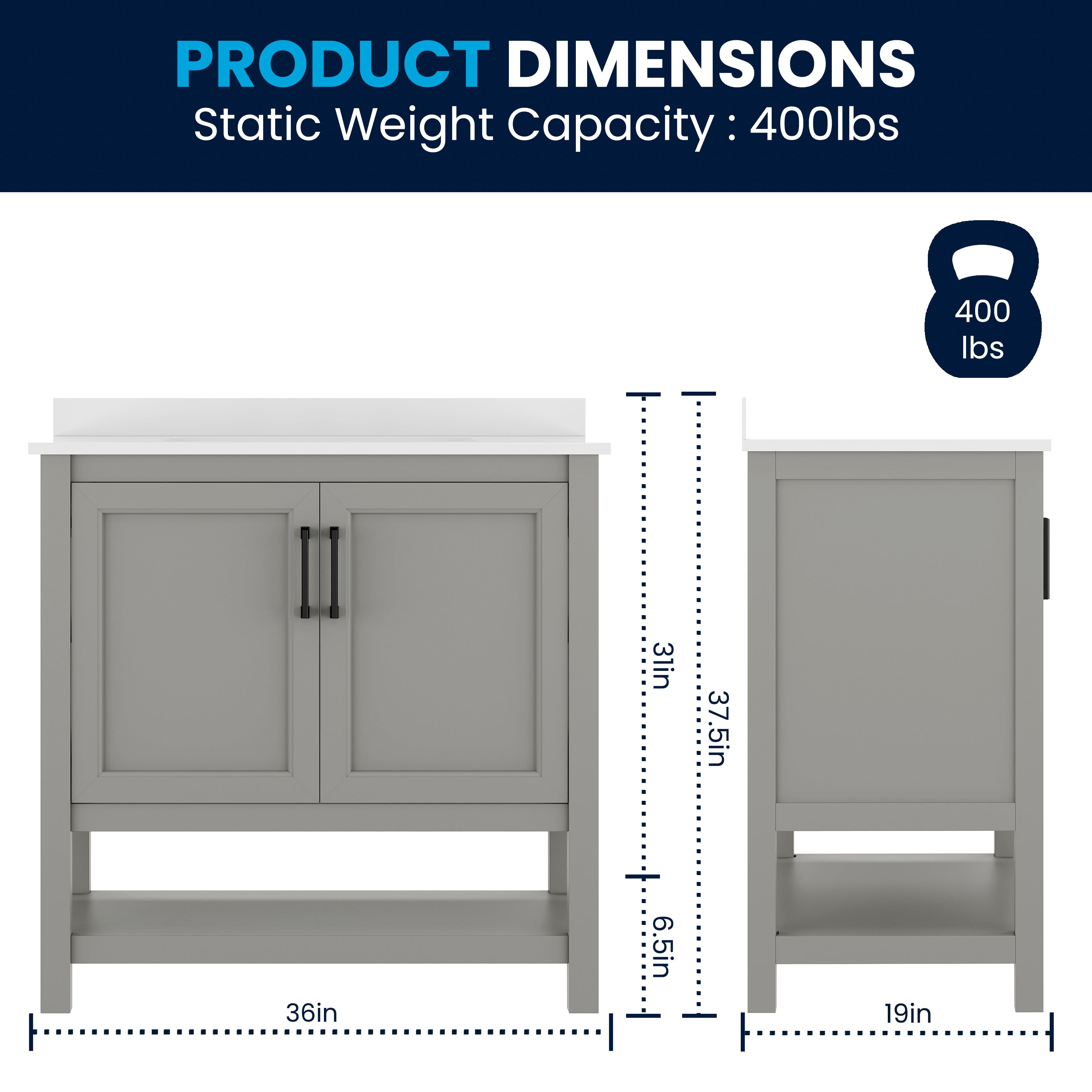 Vega 36" Bathroom Vanity with Sink, Storage Cabinet with Black Hardware, Soft Close Doors & Open Shelf, Carrara Marble Finish Countertop, Gray/White
