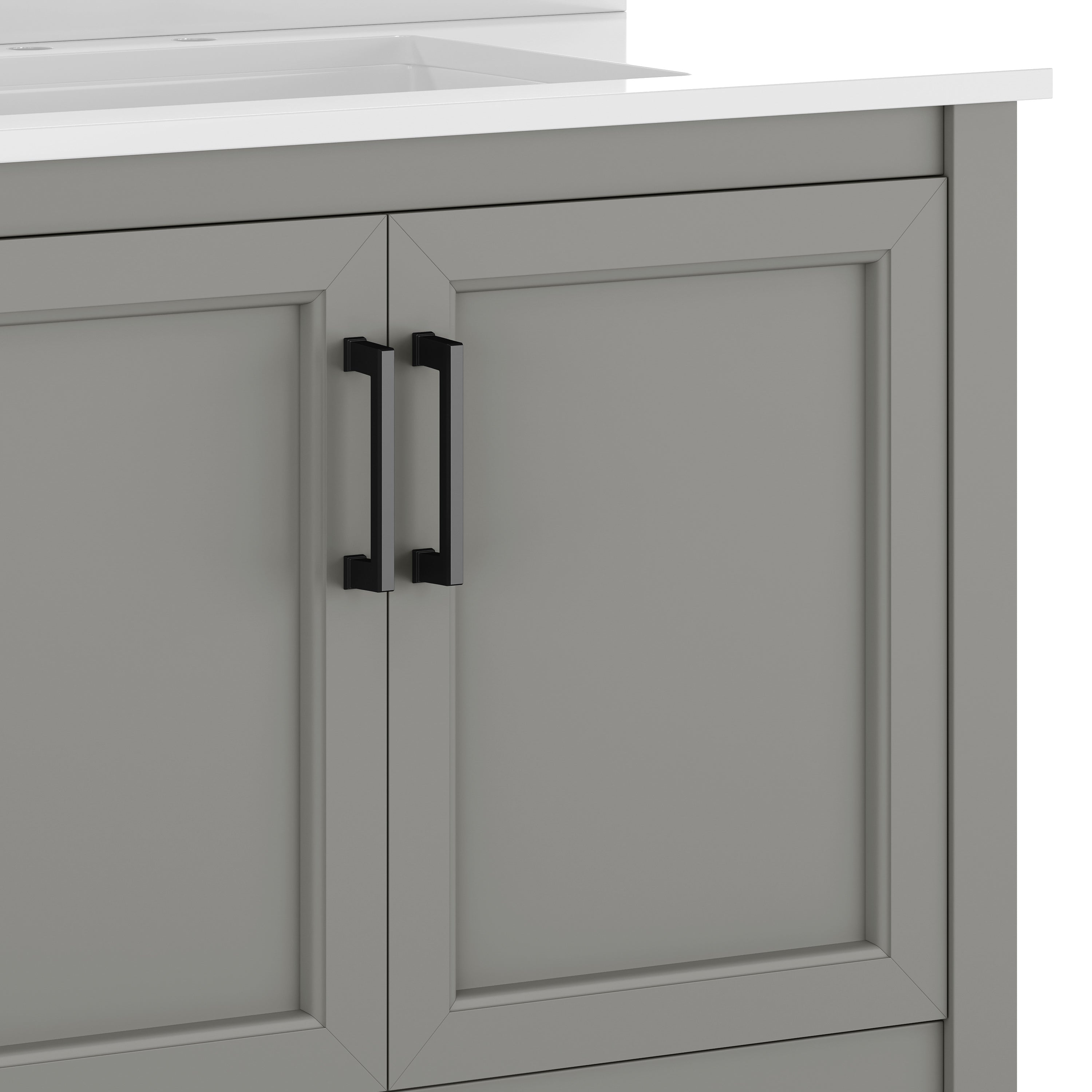 Vega 36" Bathroom Vanity with Sink, Storage Cabinet with Black Hardware, Soft Close Doors & Open Shelf, Carrara Marble Finish Countertop, Gray/White