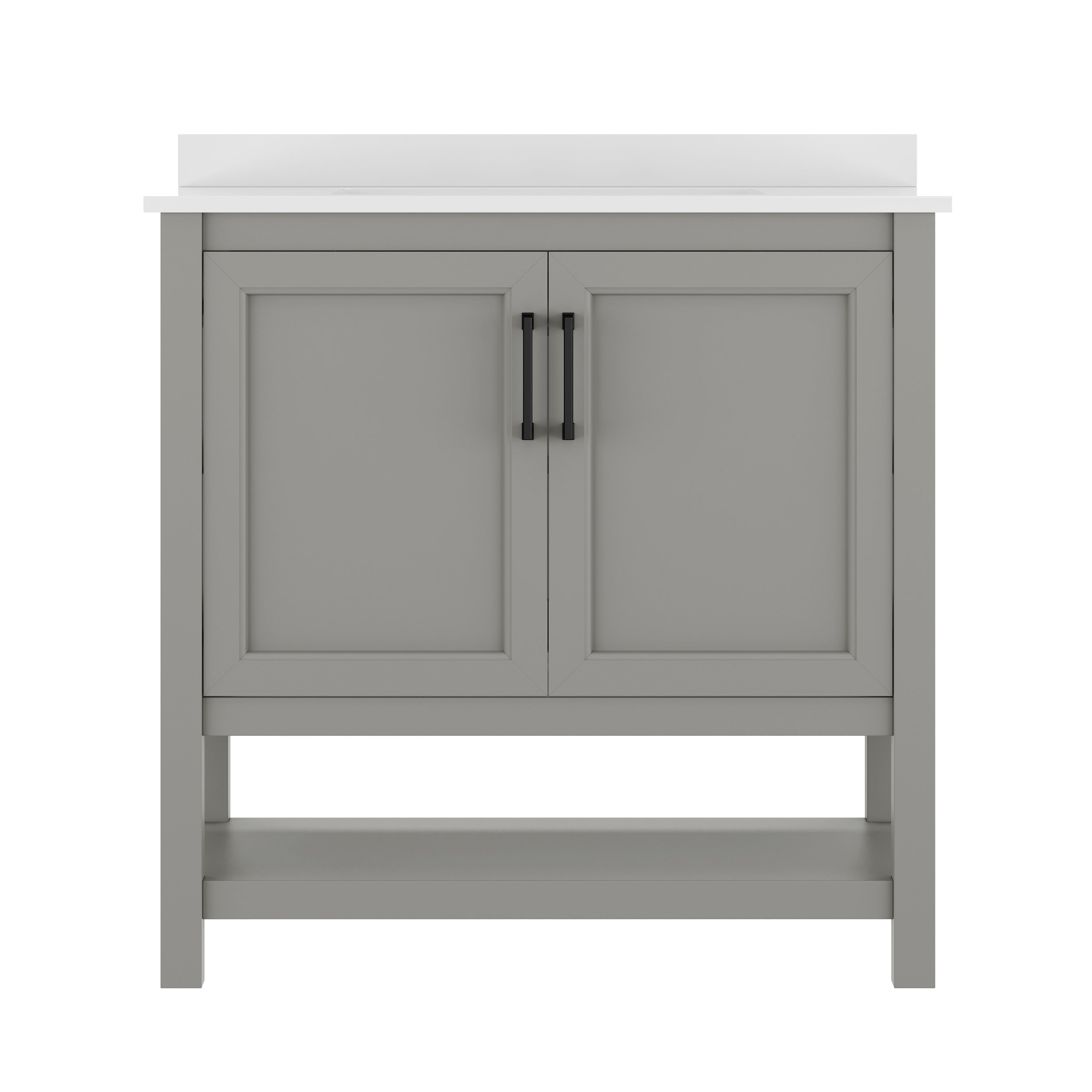 Vega 36" Bathroom Vanity with Sink, Storage Cabinet with Black Hardware, Soft Close Doors & Open Shelf, Carrara Marble Finish Countertop, Gray/White