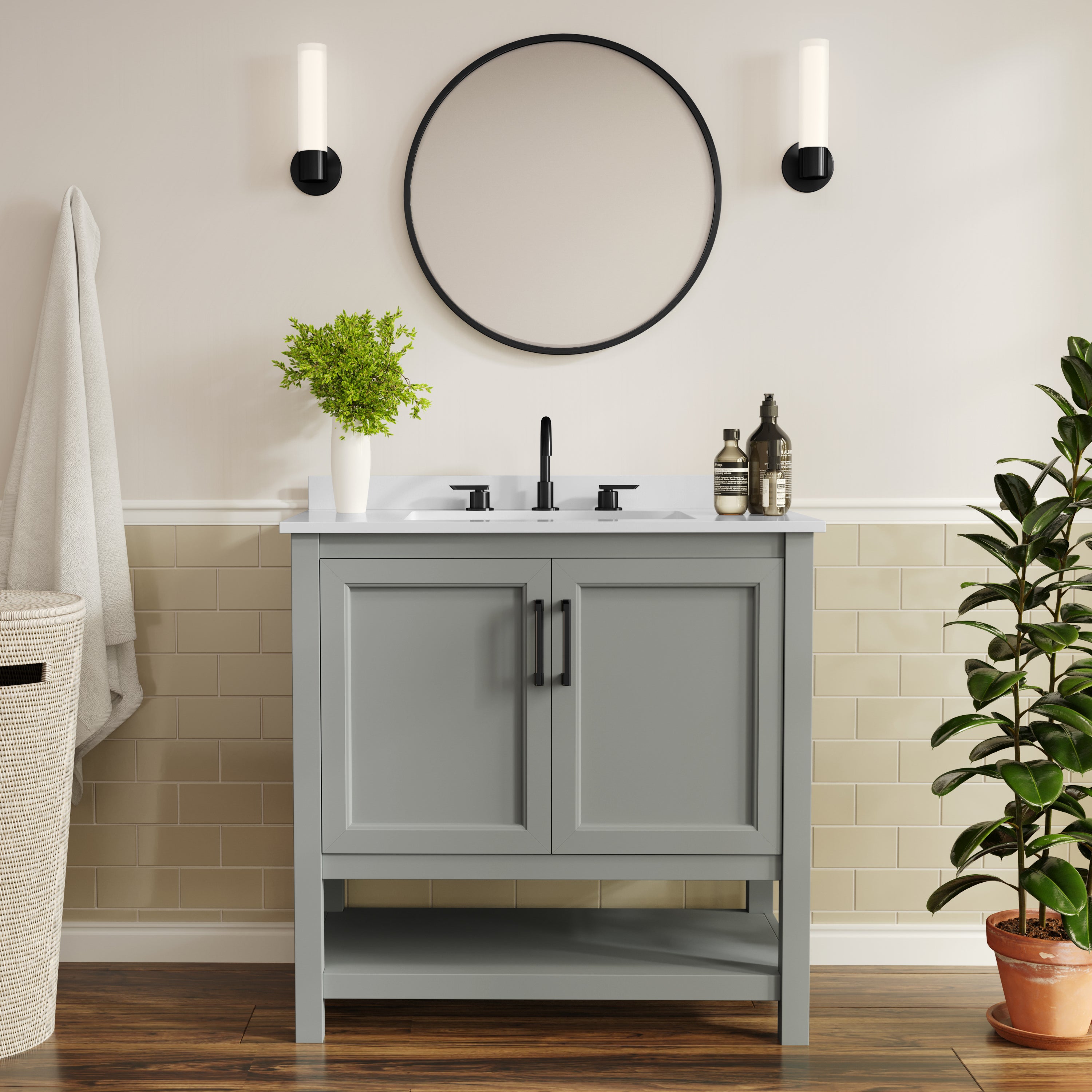 Vega 36" Bathroom Vanity with Sink, Storage Cabinet with Black Hardware, Soft Close Doors & Open Shelf, Carrara Marble Finish Countertop, Gray/White