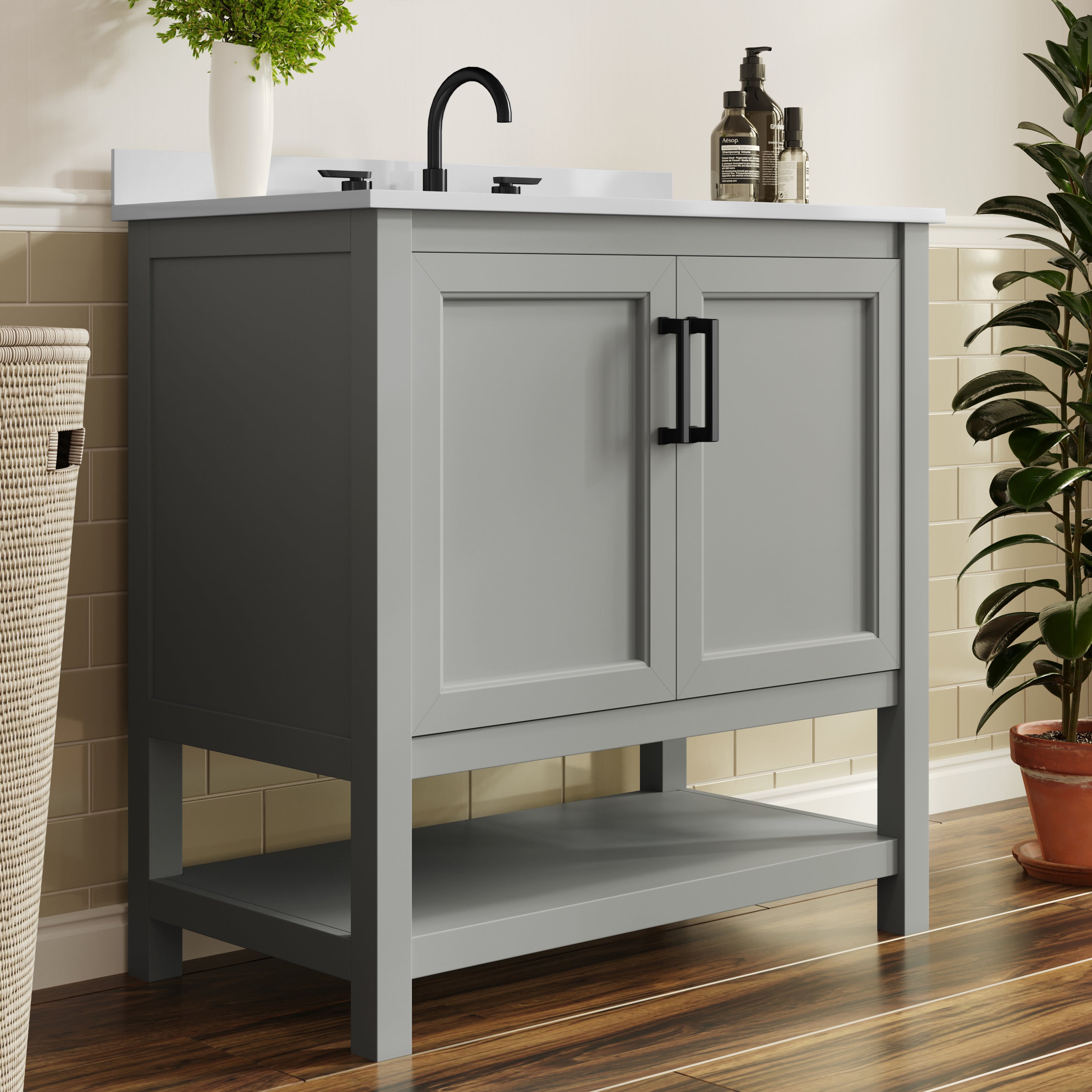 Vega 36" Bathroom Vanity with Sink, Storage Cabinet with Black Hardware, Soft Close Doors & Open Shelf, Carrara Marble Finish Countertop, Gray/White