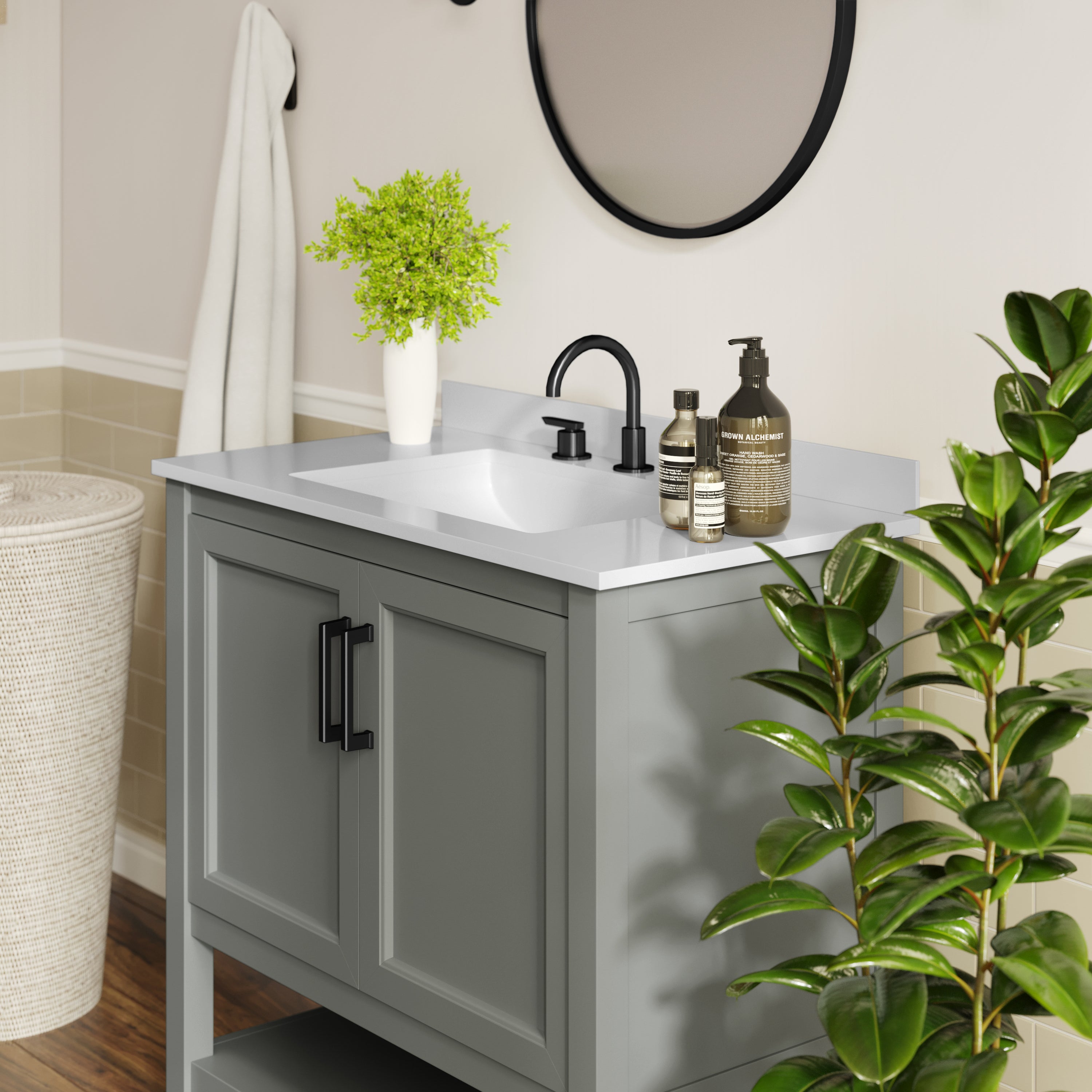Vega 36" Bathroom Vanity with Sink, Storage Cabinet with Black Hardware, Soft Close Doors & Open Shelf, Carrara Marble Finish Countertop, Gray/White