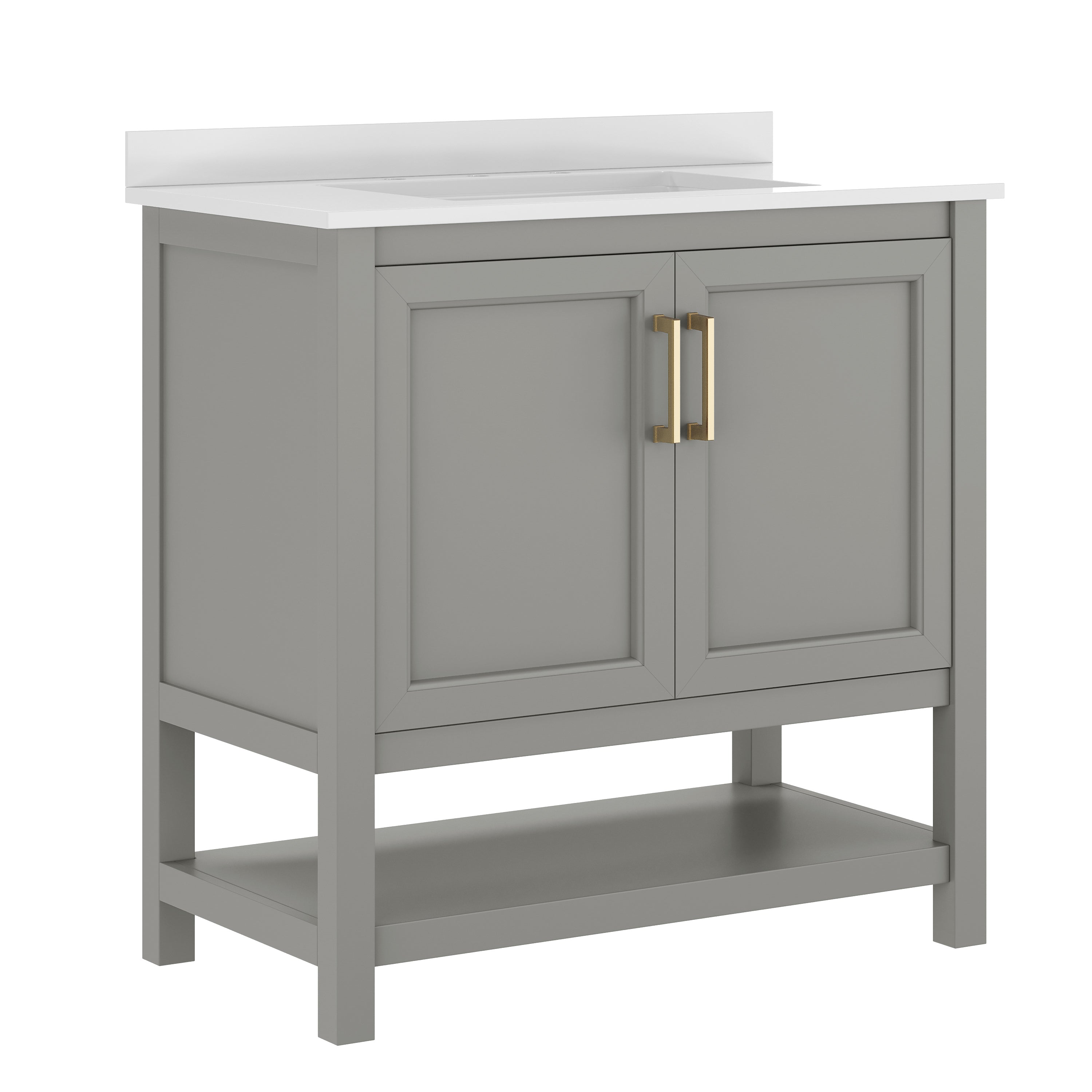 Vega 36" Bathroom Vanity with Sink, Storage Cabinet with Gold Hardware, Soft Close Doors & Open Shelf, Carrara Marble Finish Countertop, Gray/White