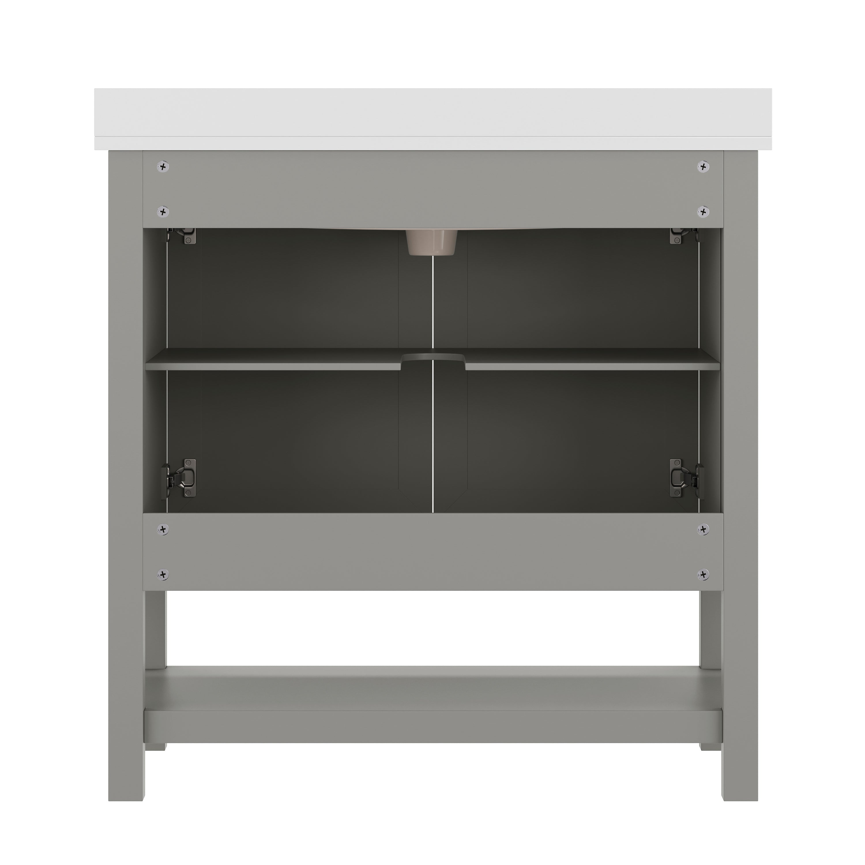 Vega 36" Bathroom Vanity with Sink, Storage Cabinet with Gold Hardware, Soft Close Doors & Open Shelf, Carrara Marble Finish Countertop, Gray/White