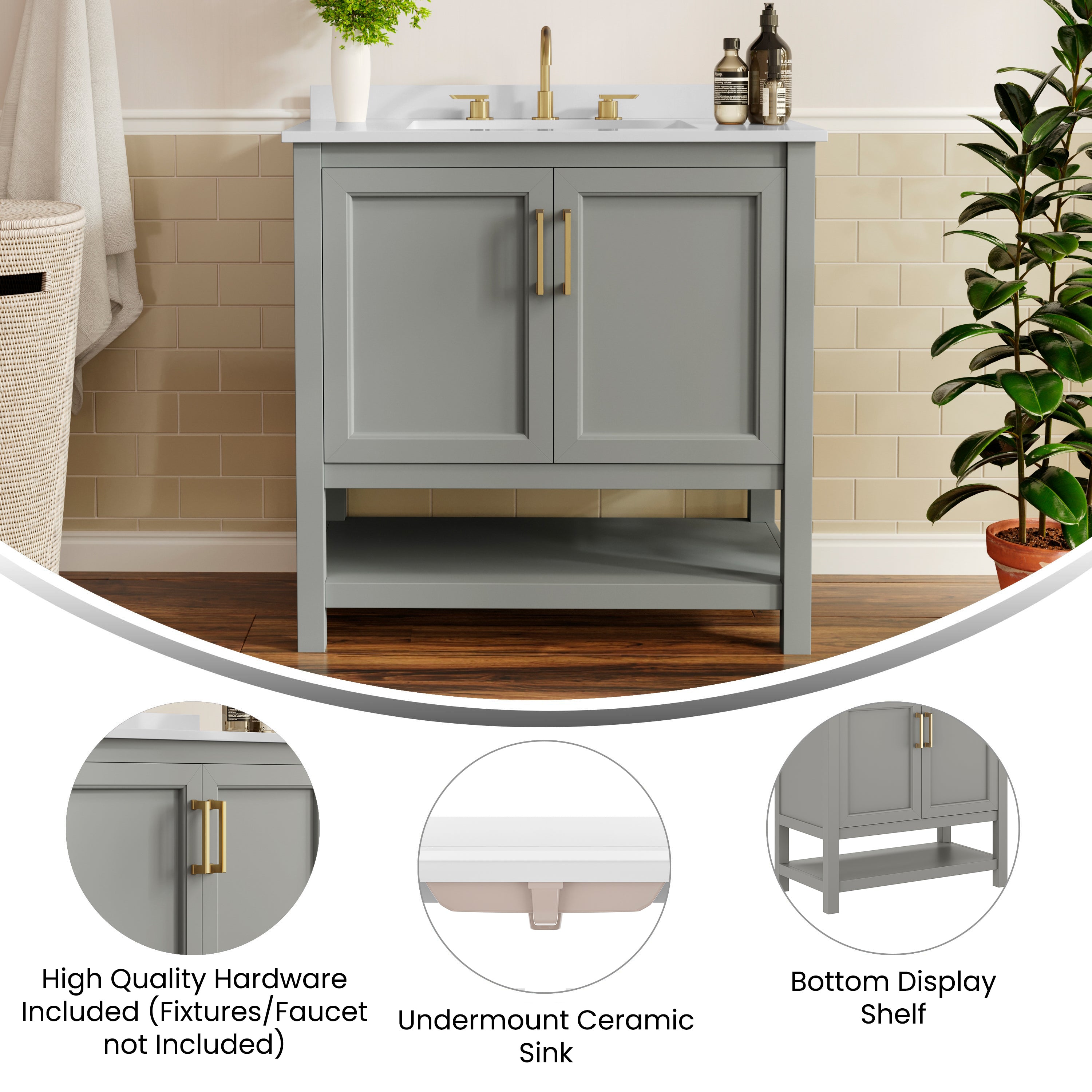 Vega 36" Bathroom Vanity with Sink, Storage Cabinet with Gold Hardware, Soft Close Doors & Open Shelf, Carrara Marble Finish Countertop, Gray/White
