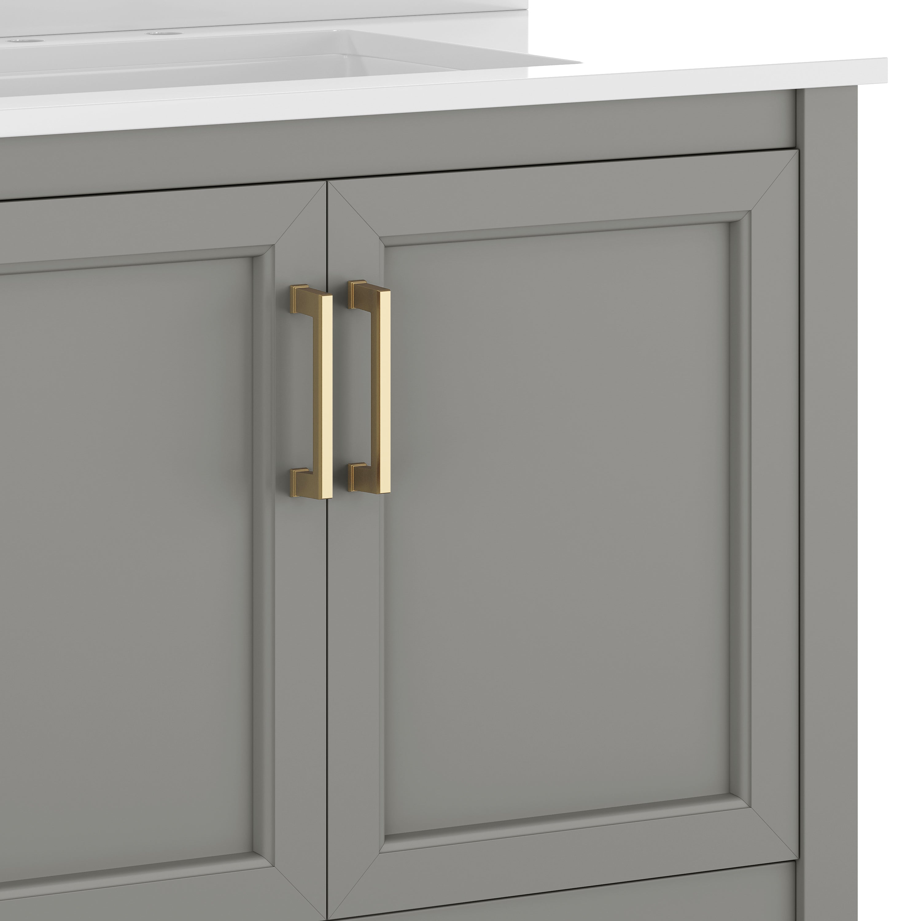 Vega 36" Bathroom Vanity with Sink, Storage Cabinet with Gold Hardware, Soft Close Doors & Open Shelf, Carrara Marble Finish Countertop, Gray/White