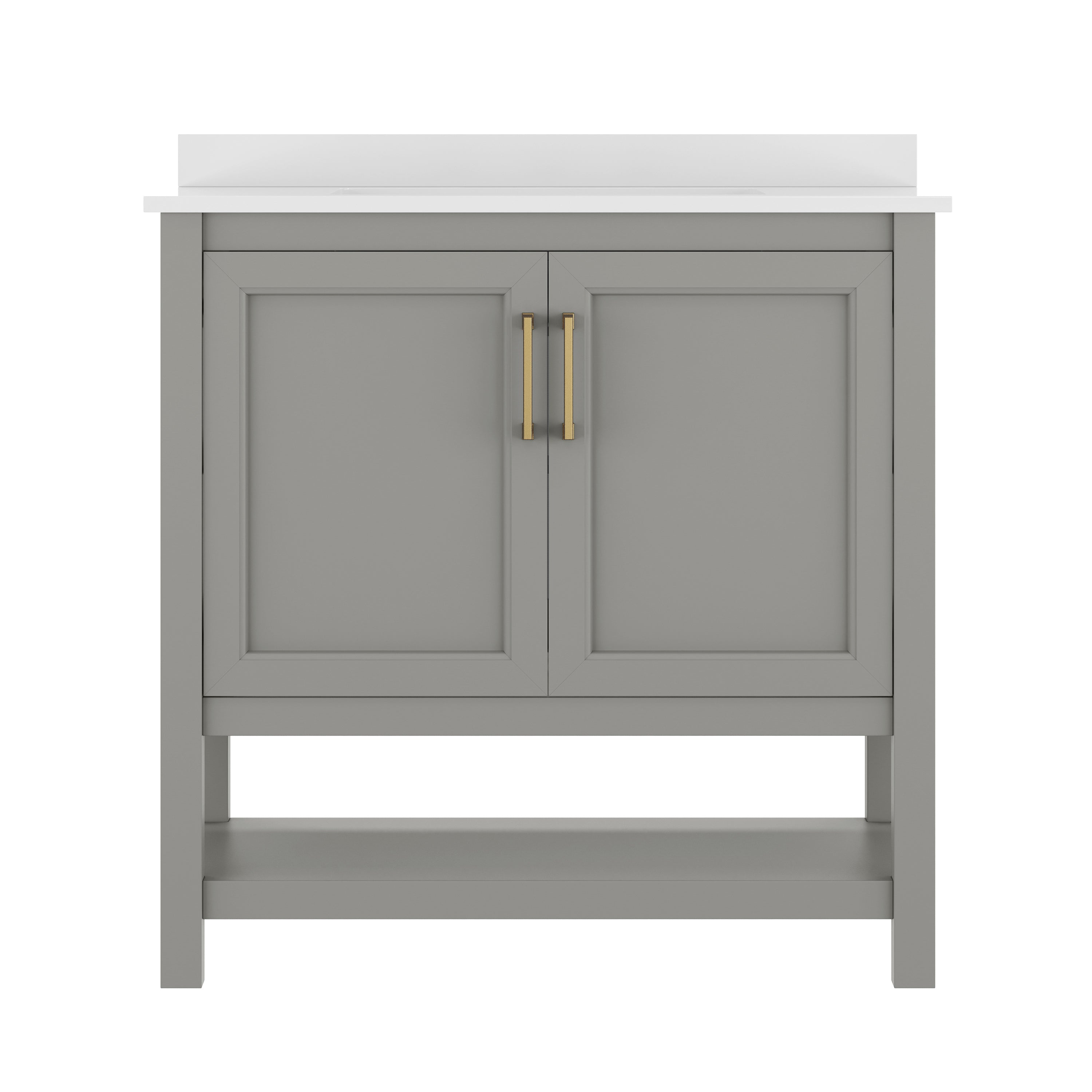 Vega 36" Bathroom Vanity with Sink, Storage Cabinet with Gold Hardware, Soft Close Doors & Open Shelf, Carrara Marble Finish Countertop, Gray/White