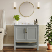 Vega 36" Bathroom Vanity with Sink, Storage Cabinet with Gold Hardware, Soft Close Doors & Open Shelf, Carrara Marble Finish Countertop, Gray/White