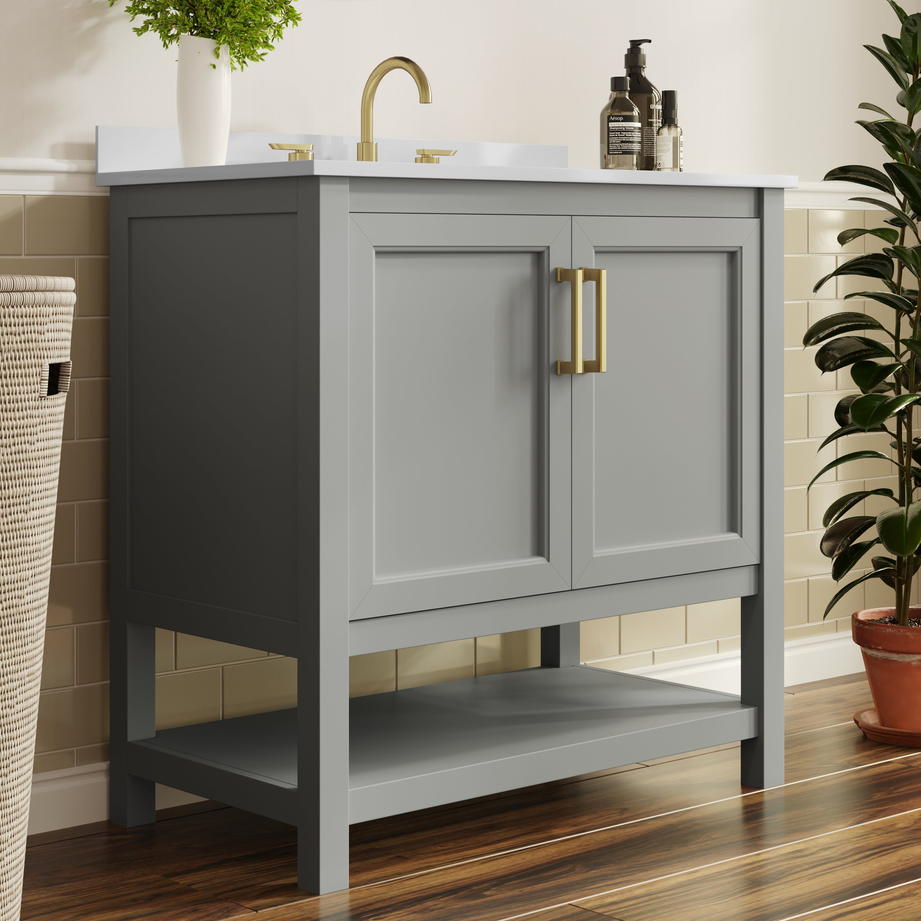 Vega 36" Bathroom Vanity with Sink, Storage Cabinet with Gold Hardware, Soft Close Doors & Open Shelf, Carrara Marble Finish Countertop, Gray/White