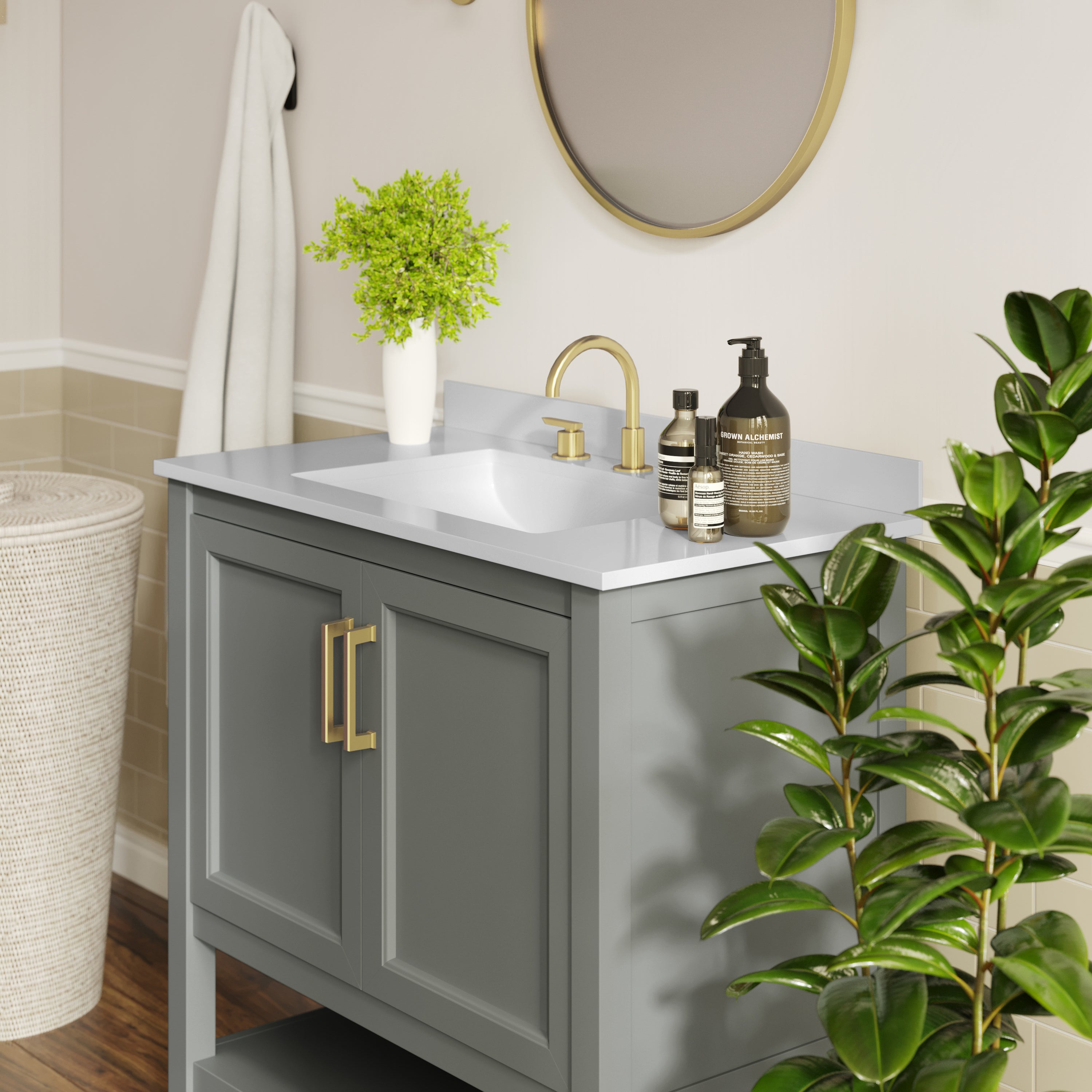 Vega 36" Bathroom Vanity with Sink, Storage Cabinet with Gold Hardware, Soft Close Doors & Open Shelf, Carrara Marble Finish Countertop, Gray/White