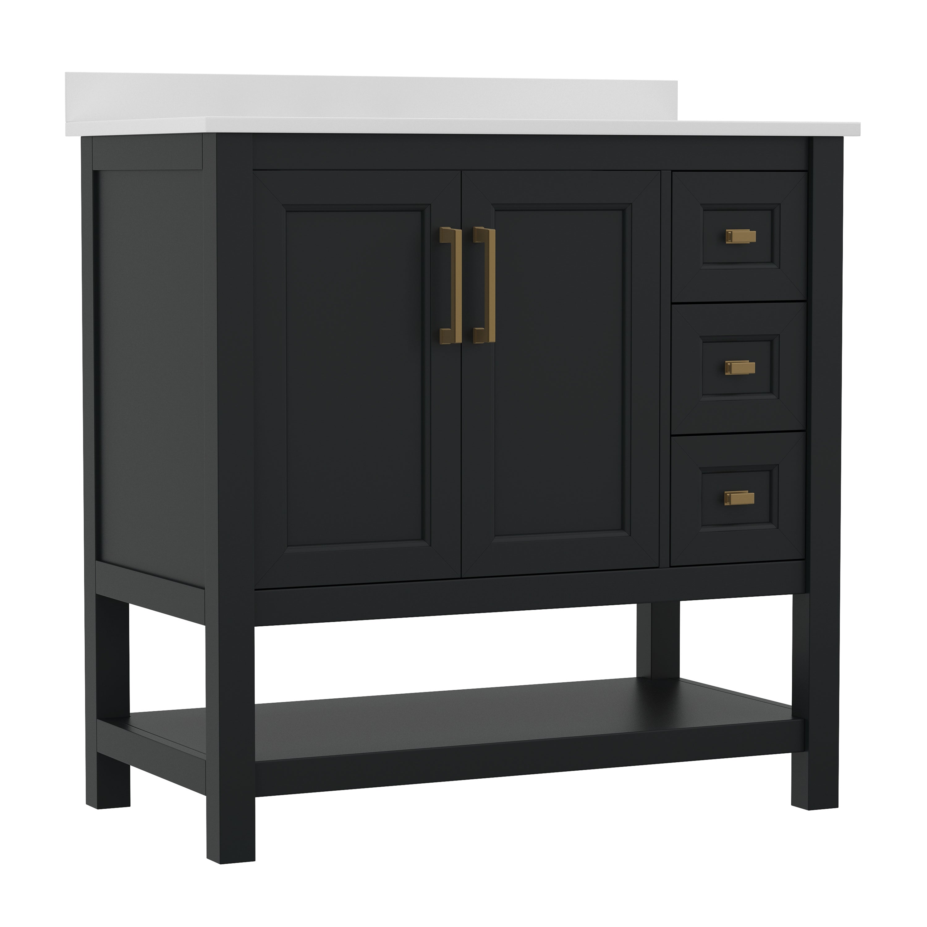 Vega 36 Inch Bathroom Vanity with Sink, Storage Cabinet with Soft Close Doors, Open Shelf and 3 Drawers, Carrara Marble Finish Countertop, Black/Gold