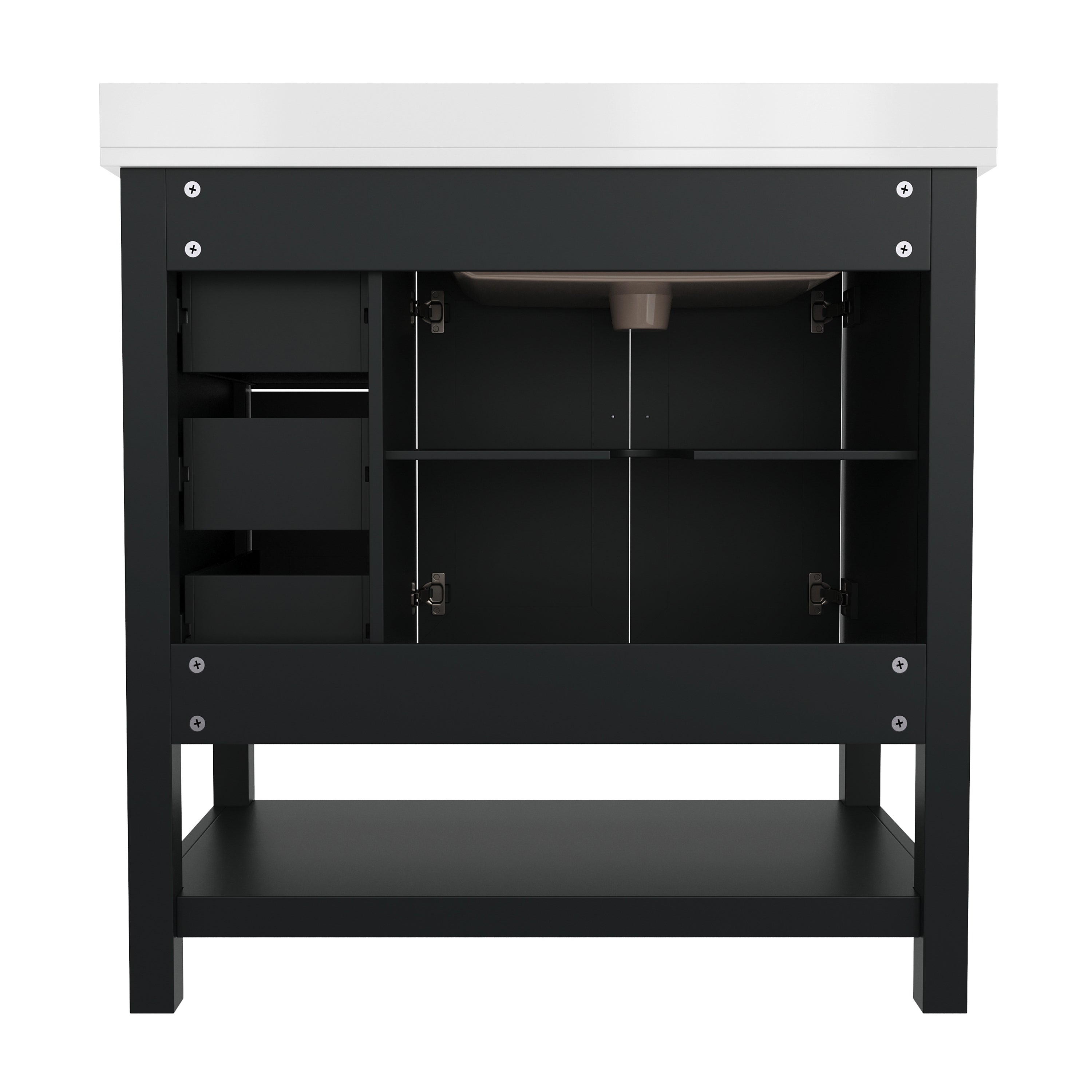 Vega 36 Inch Bathroom Vanity with Sink, Storage Cabinet with Soft Close Doors, Open Shelf and 3 Drawers, Carrara Marble Finish Countertop, Black/Gold
