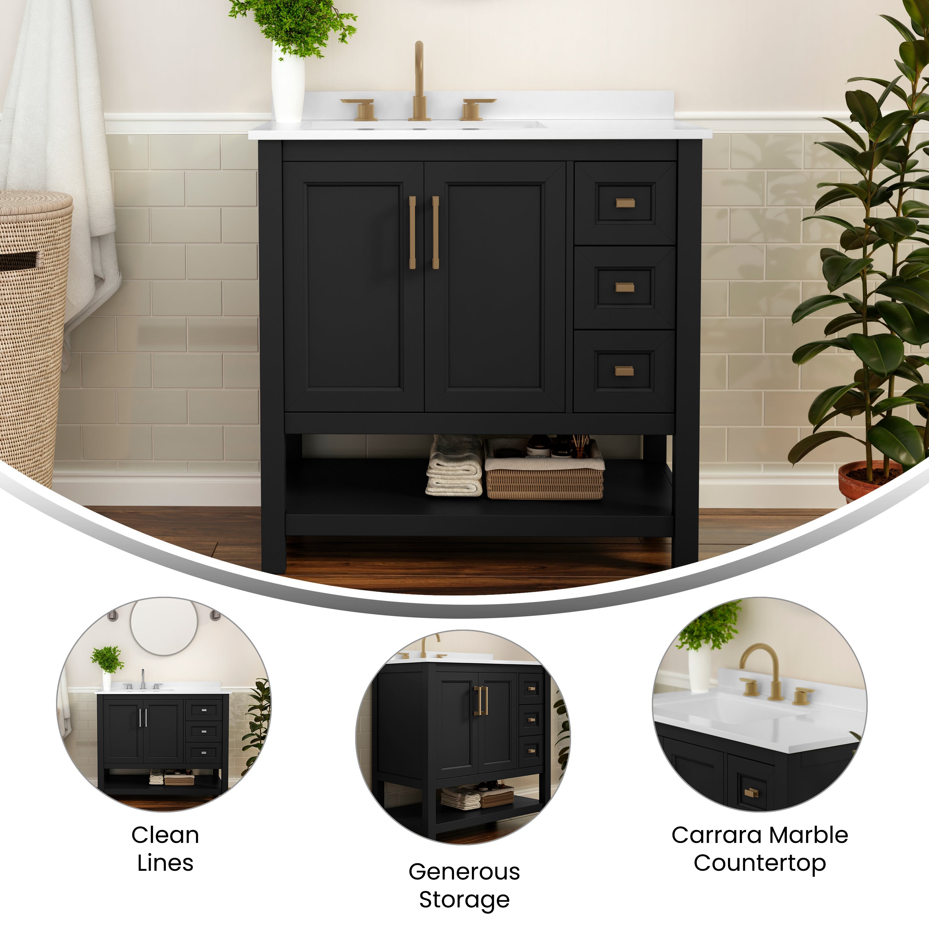 Vega 36 Inch Bathroom Vanity with Sink, Storage Cabinet with Soft Close Doors, Open Shelf and 3 Drawers, Carrara Marble Finish Countertop, Black/Gold