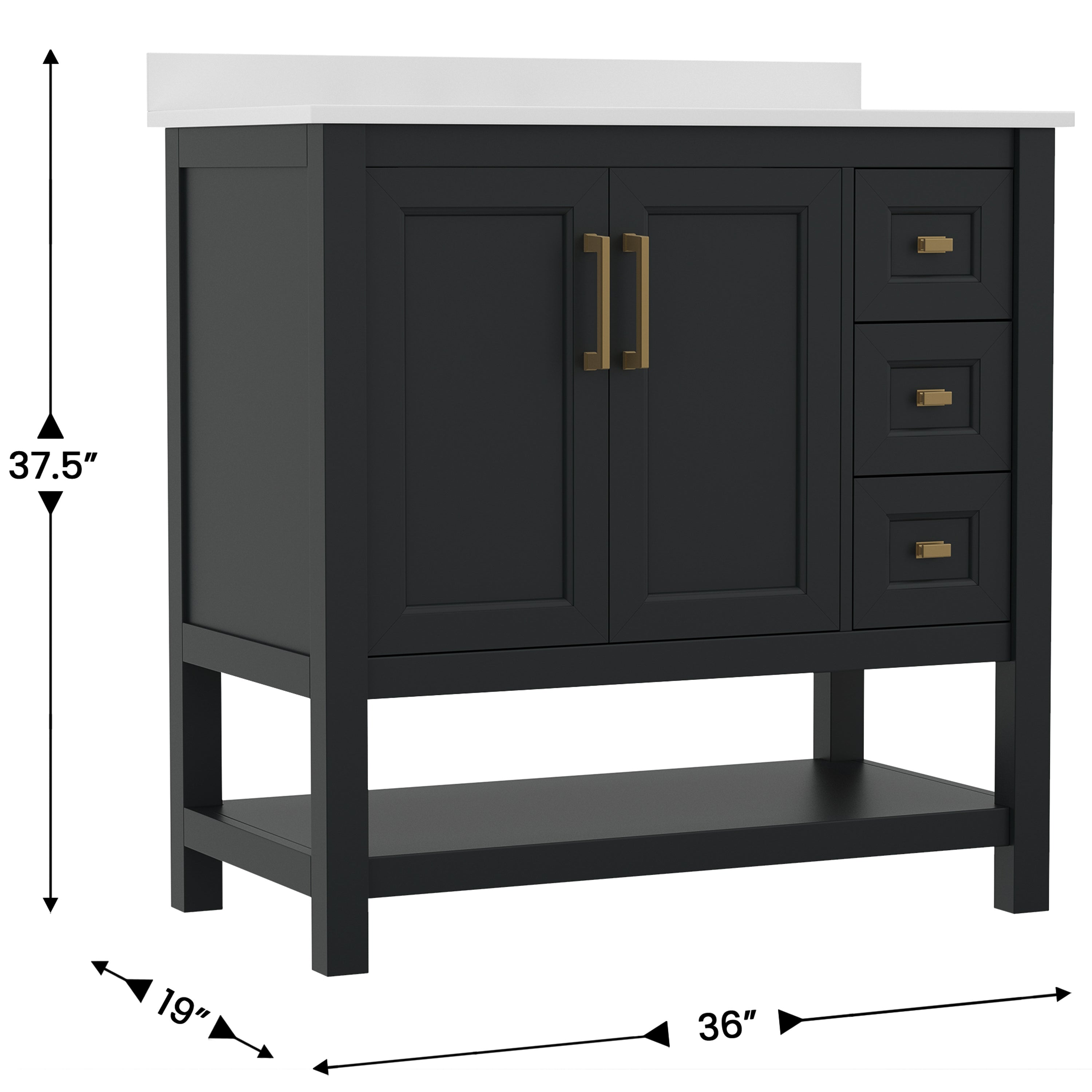 Vega 36 Inch Bathroom Vanity with Sink, Storage Cabinet with Soft Close Doors, Open Shelf and 3 Drawers, Carrara Marble Finish Countertop, Black/Gold