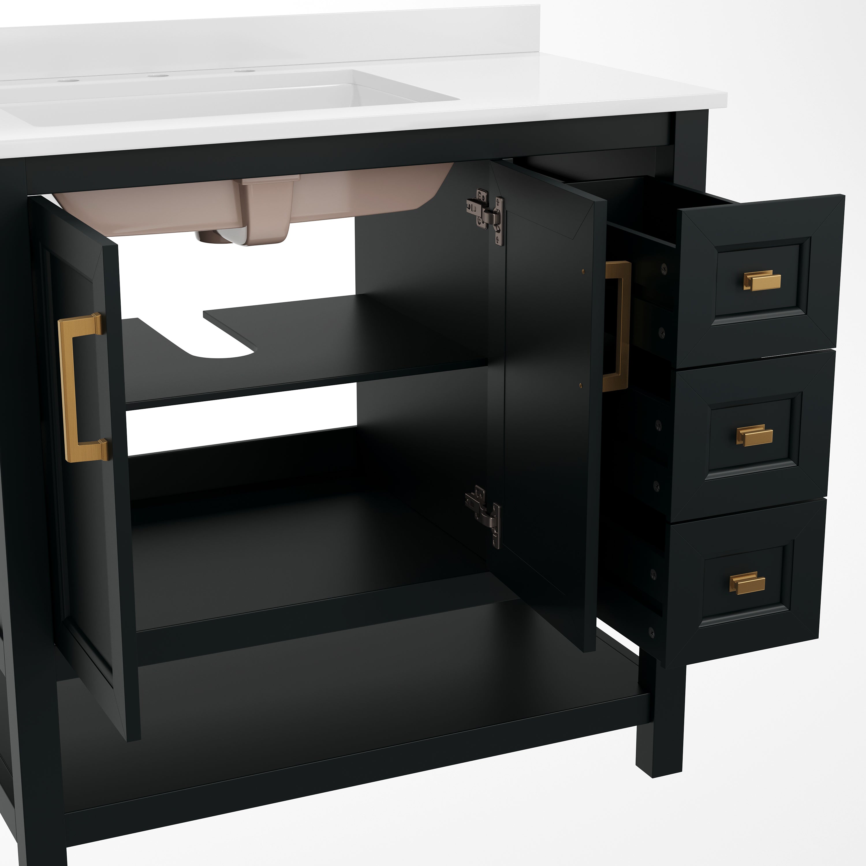 Vega 36 Inch Bathroom Vanity with Sink, Storage Cabinet with Soft Close Doors, Open Shelf and 3 Drawers, Carrara Marble Finish Countertop, Black/Gold