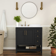 Vega 36 Inch Bathroom Vanity with Sink, Storage Cabinet with Soft Close Doors, Open Shelf and 3 Drawers, Carrara Marble Finish Countertop, Black/Gold