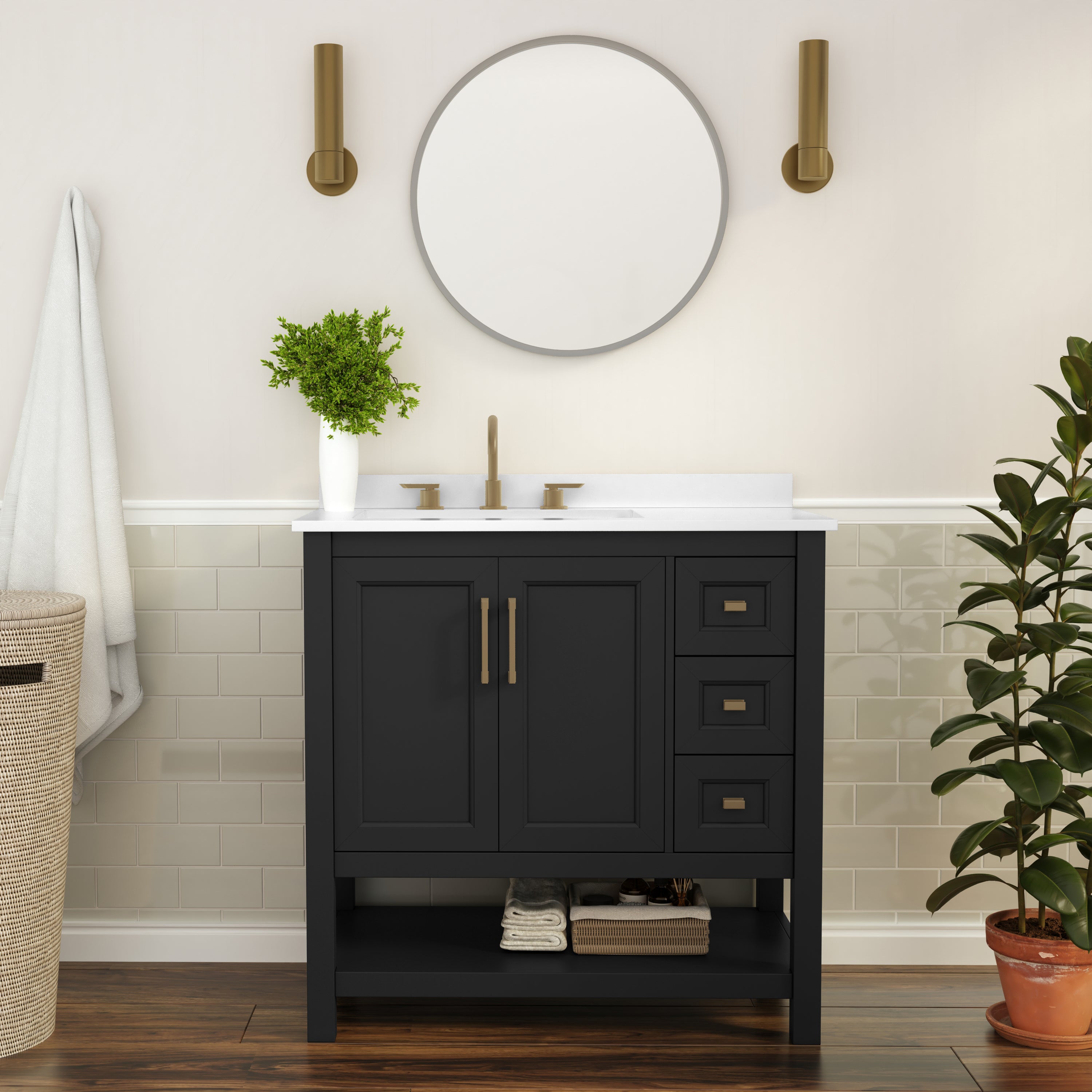 Vega 36 Inch Bathroom Vanity with Sink, Storage Cabinet with Soft Close Doors, Open Shelf and 3 Drawers, Carrara Marble Finish Countertop, Black/Gold