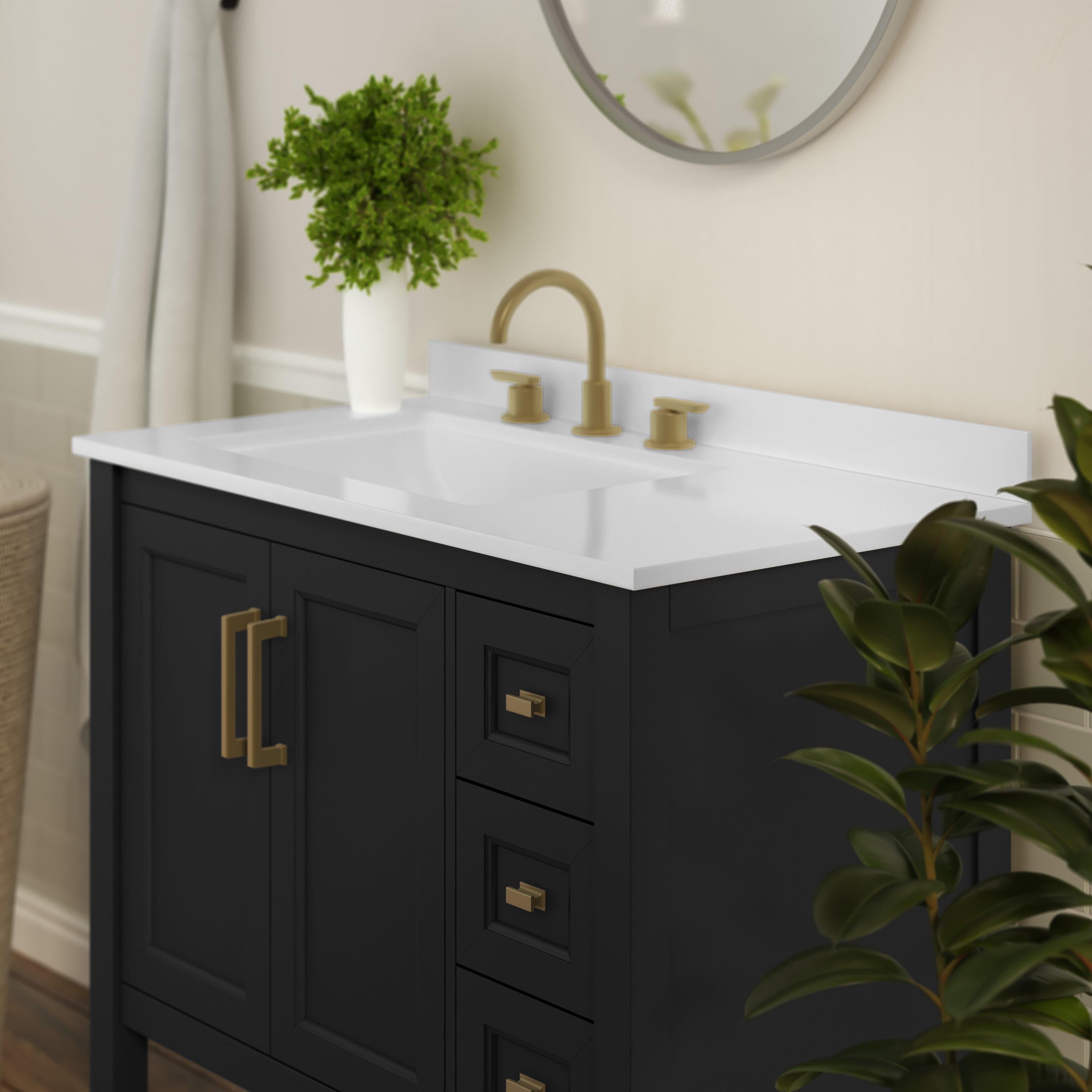 Vega 36 Inch Bathroom Vanity with Sink, Storage Cabinet with Soft Close Doors, Open Shelf and 3 Drawers, Carrara Marble Finish Countertop, Black/Gold