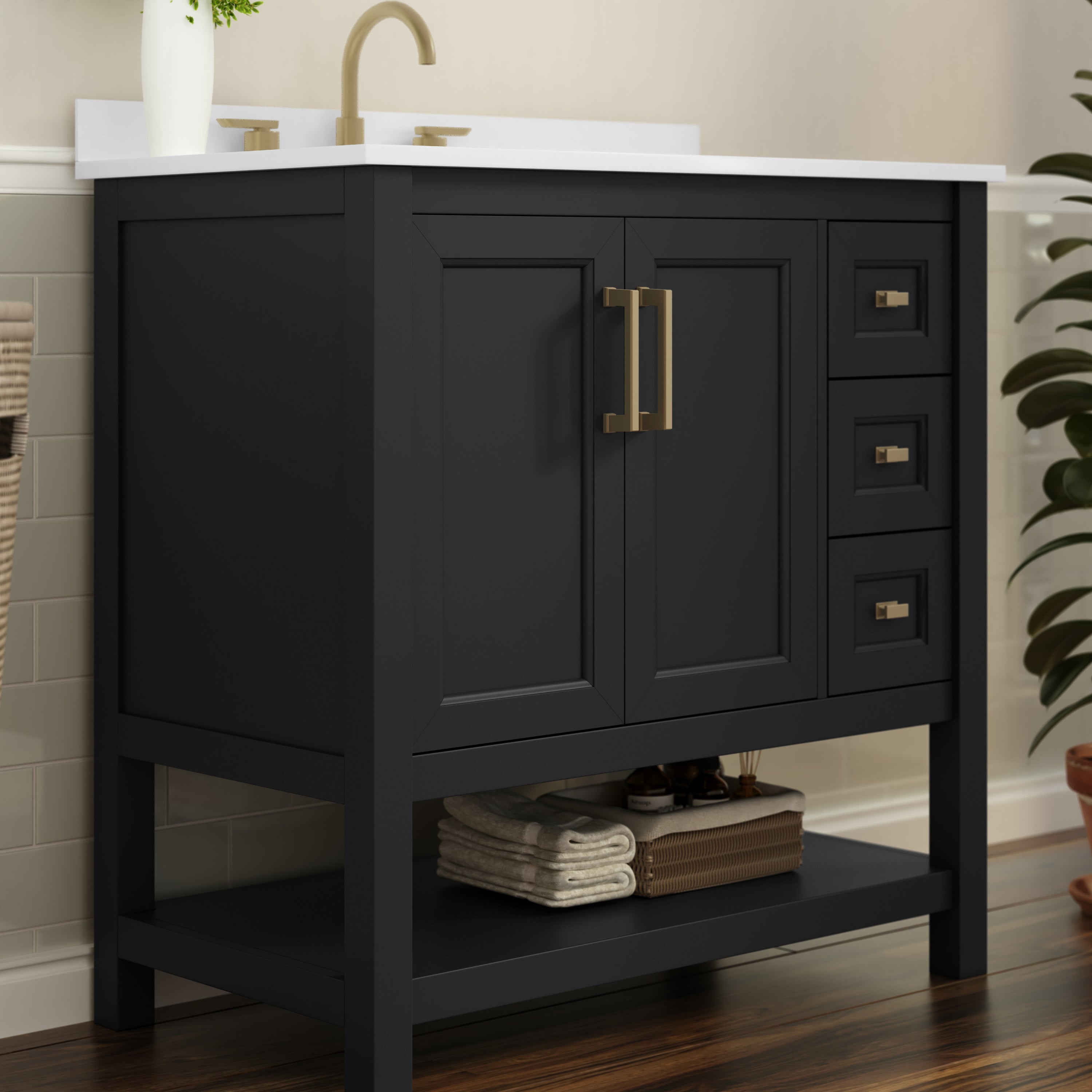 Vega 36 Inch Bathroom Vanity with Sink, Storage Cabinet with Soft Close Doors, Open Shelf and 3 Drawers, Carrara Marble Finish Countertop, Black/Gold