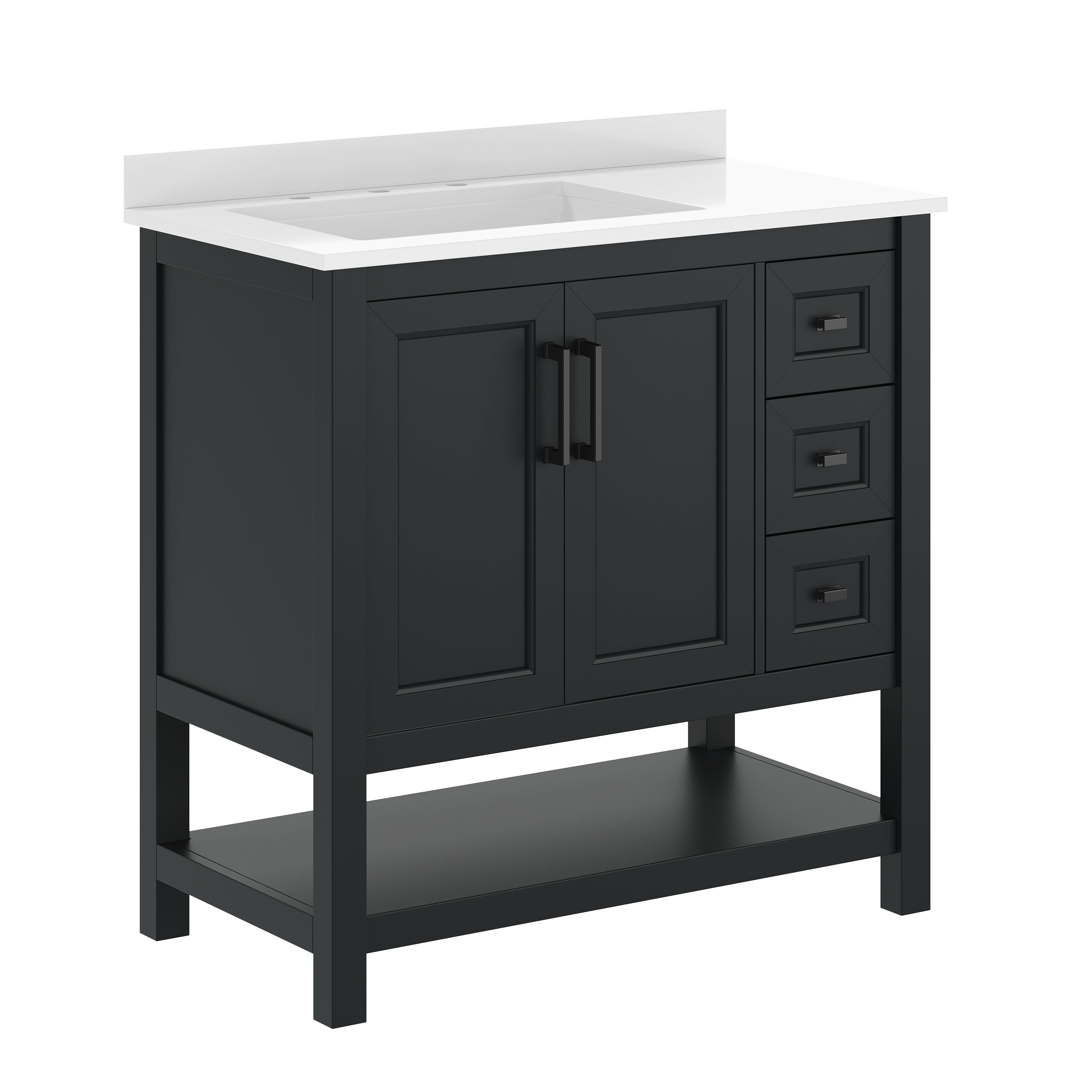 Vega 36" Bathroom Vanity with Sink, Cabinet with Black Hardware, Soft Close Doors, Open Shelf & 3 Drawers, Carrara Marble Finish Counter, Black/White