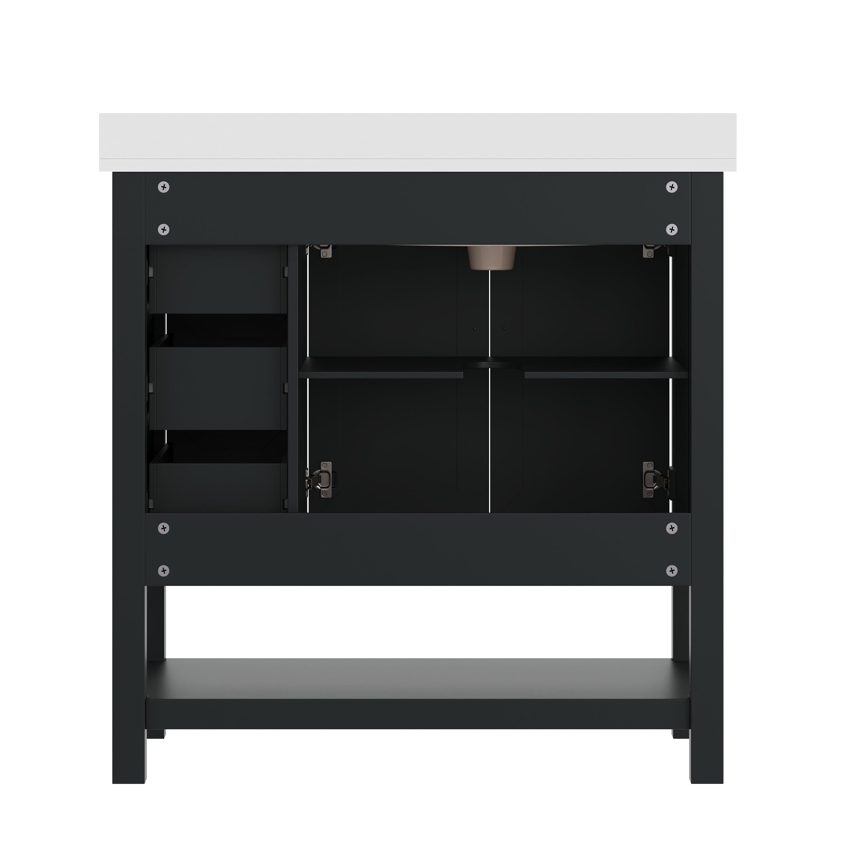 Vega 36" Bathroom Vanity with Sink, Cabinet with Black Hardware, Soft Close Doors, Open Shelf & 3 Drawers, Carrara Marble Finish Counter, Black/White