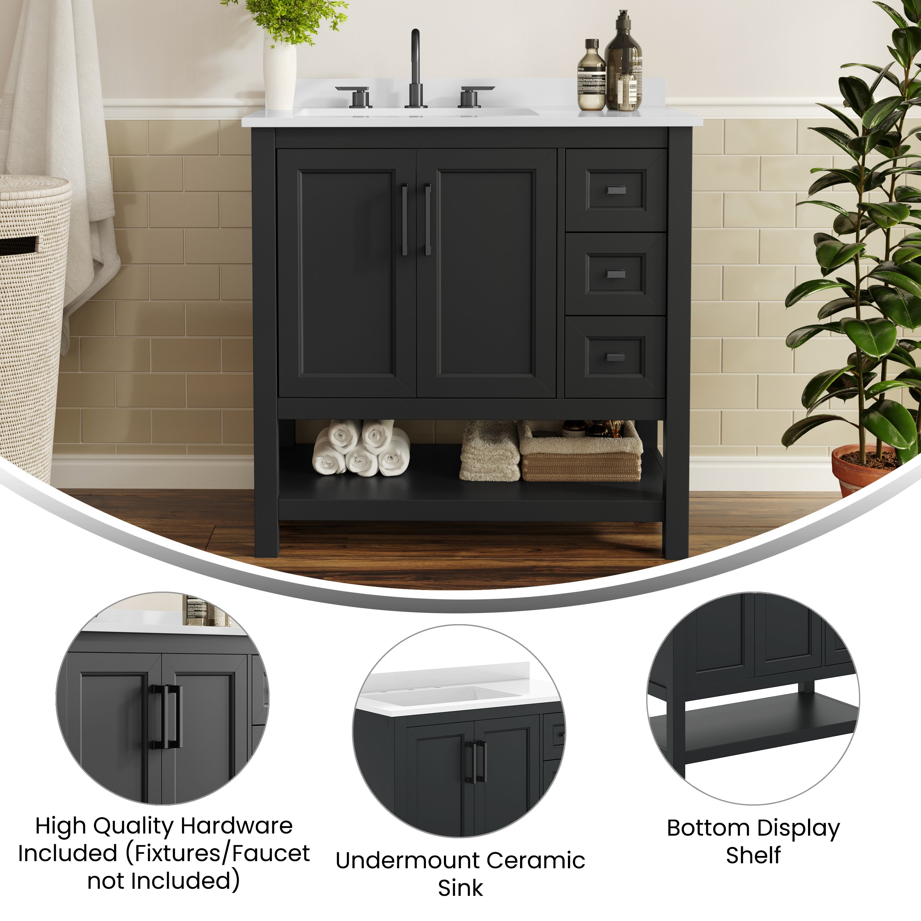 Vega 36" Bathroom Vanity with Sink, Cabinet with Black Hardware, Soft Close Doors, Open Shelf & 3 Drawers, Carrara Marble Finish Counter, Black/White