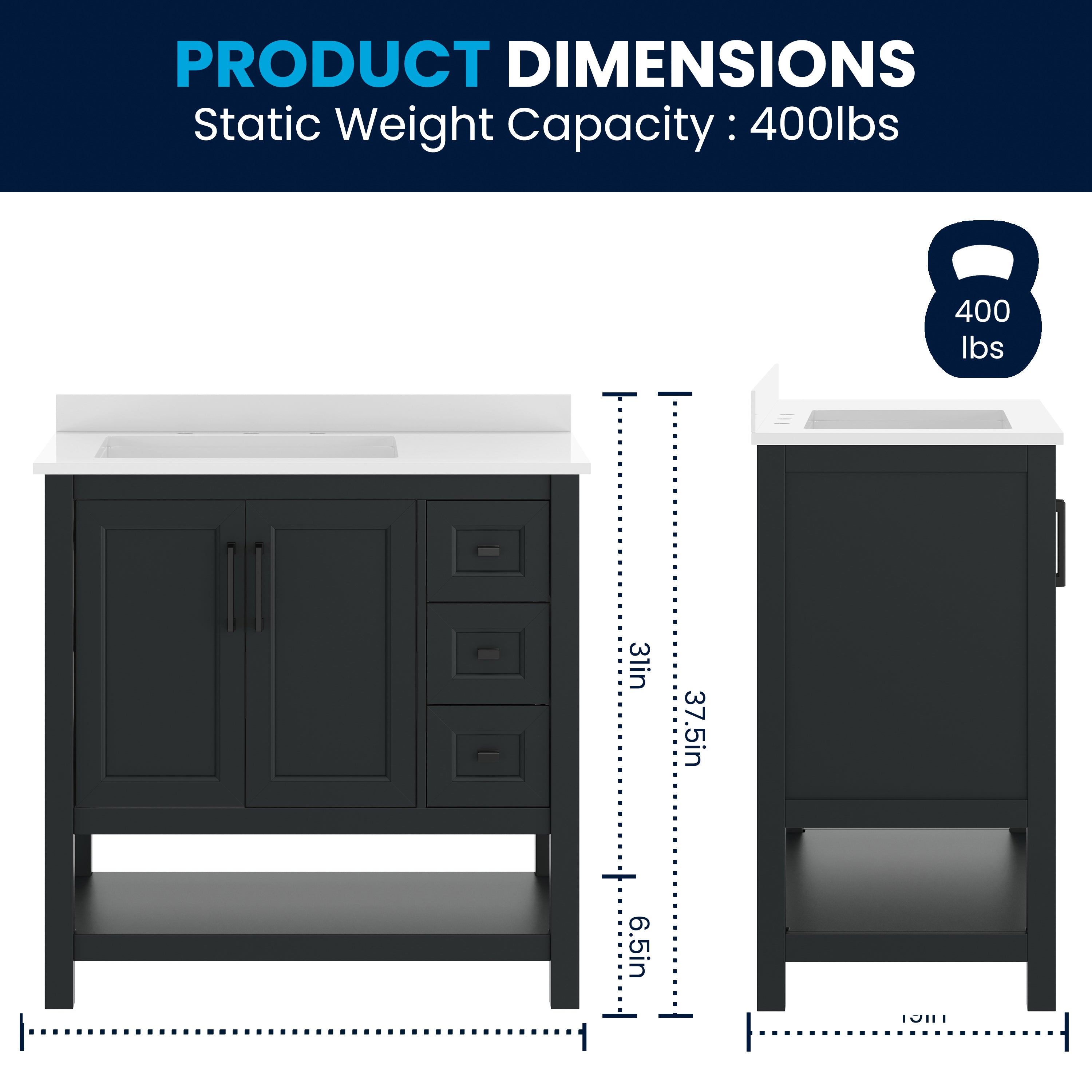 Vega 36" Bathroom Vanity with Sink, Cabinet with Black Hardware, Soft Close Doors, Open Shelf & 3 Drawers, Carrara Marble Finish Counter, Black/White