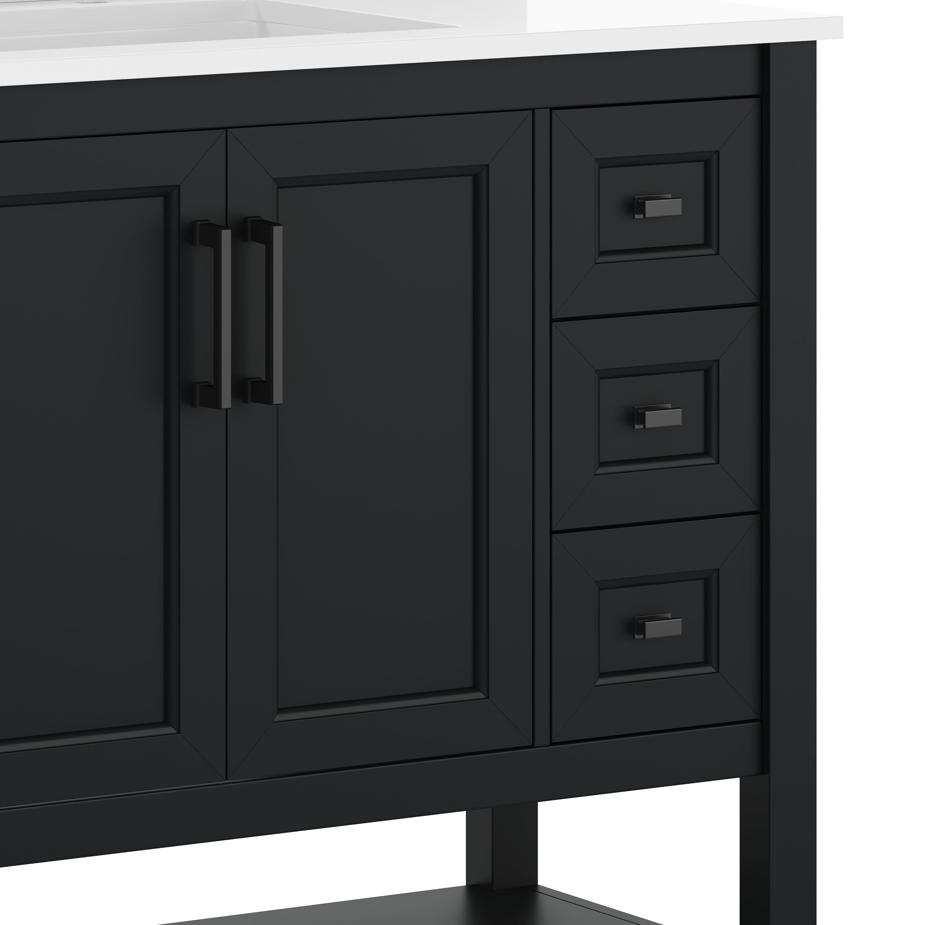 Vega 36" Bathroom Vanity with Sink, Cabinet with Black Hardware, Soft Close Doors, Open Shelf & 3 Drawers, Carrara Marble Finish Counter, Black/White