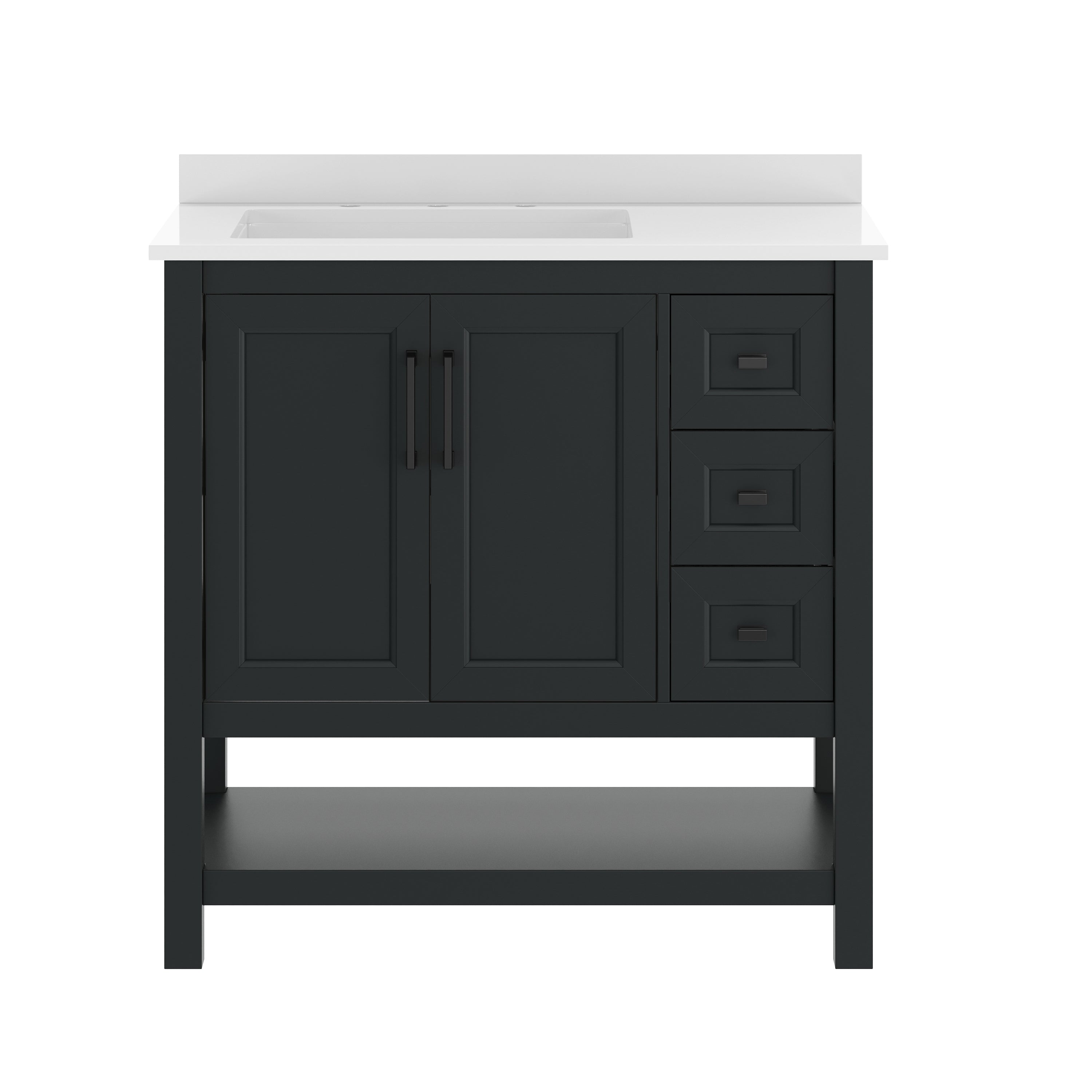 Vega 36" Bathroom Vanity with Sink, Cabinet with Black Hardware, Soft Close Doors, Open Shelf & 3 Drawers, Carrara Marble Finish Counter, Black/White