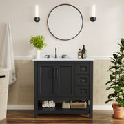 Vega 36" Bathroom Vanity with Sink, Cabinet with Black Hardware, Soft Close Doors, Open Shelf & 3 Drawers, Carrara Marble Finish Counter, Black/White