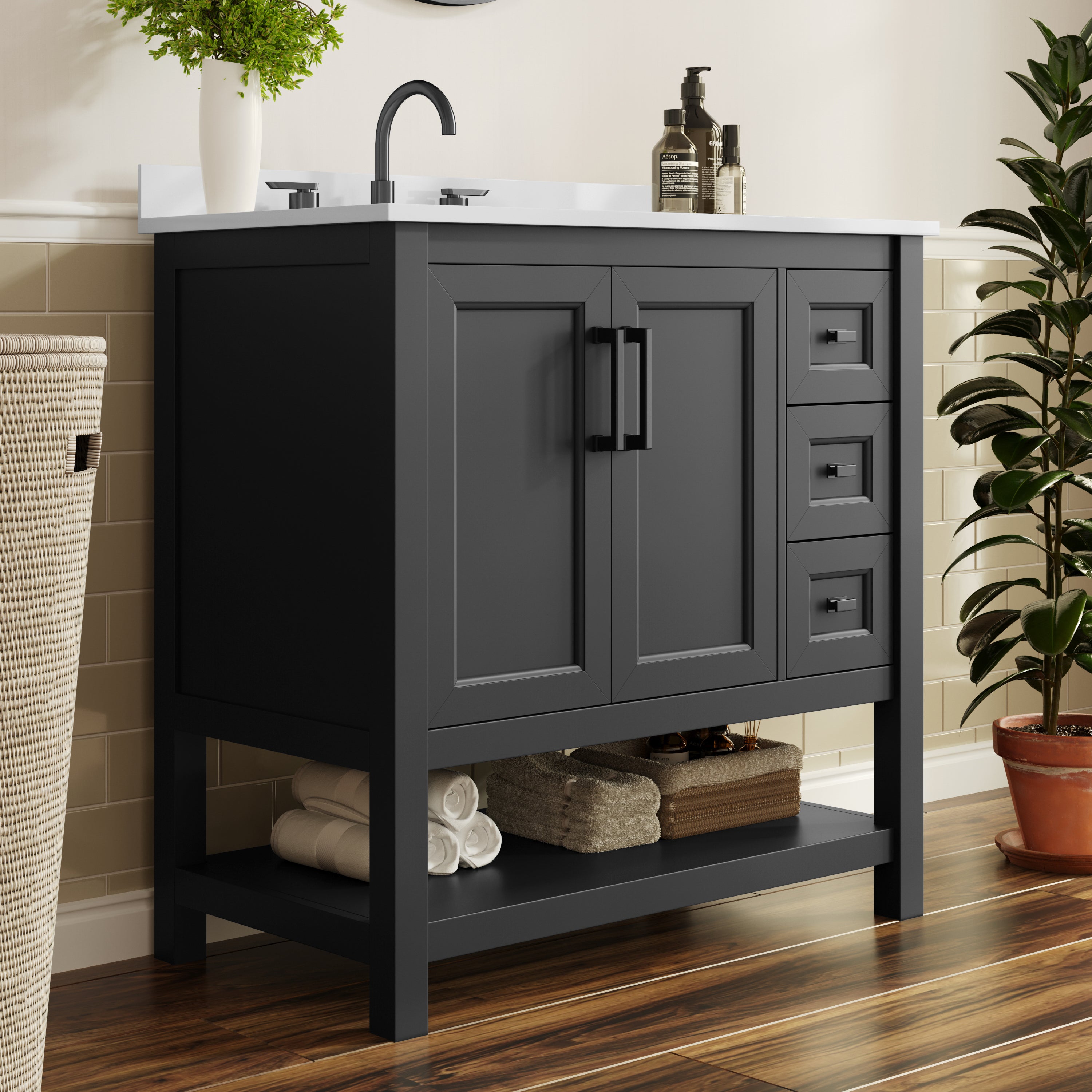 Vega 36" Bathroom Vanity with Sink, Cabinet with Black Hardware, Soft Close Doors, Open Shelf & 3 Drawers, Carrara Marble Finish Counter, Black/White