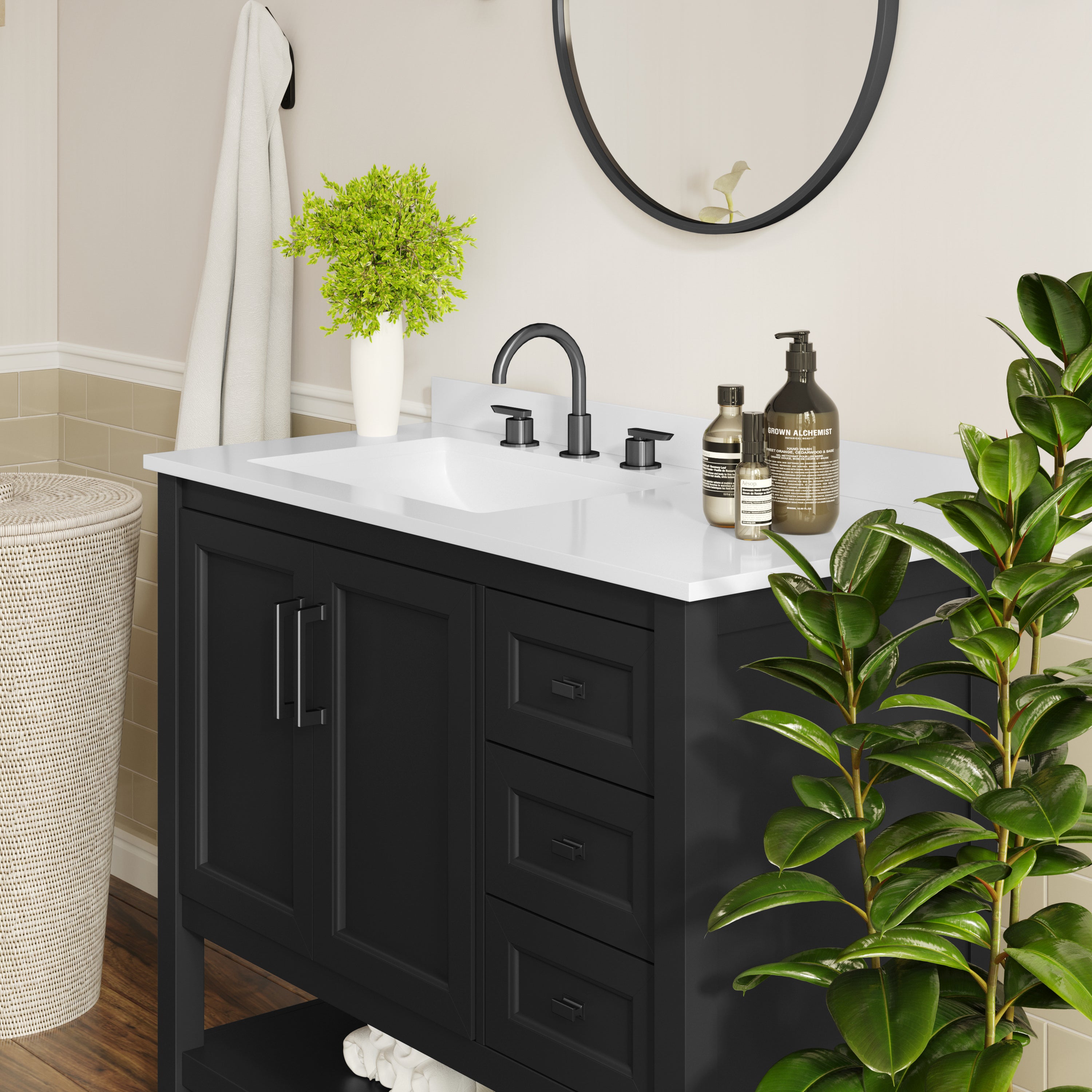 Vega 36" Bathroom Vanity with Sink, Cabinet with Black Hardware, Soft Close Doors, Open Shelf & 3 Drawers, Carrara Marble Finish Counter, Black/White