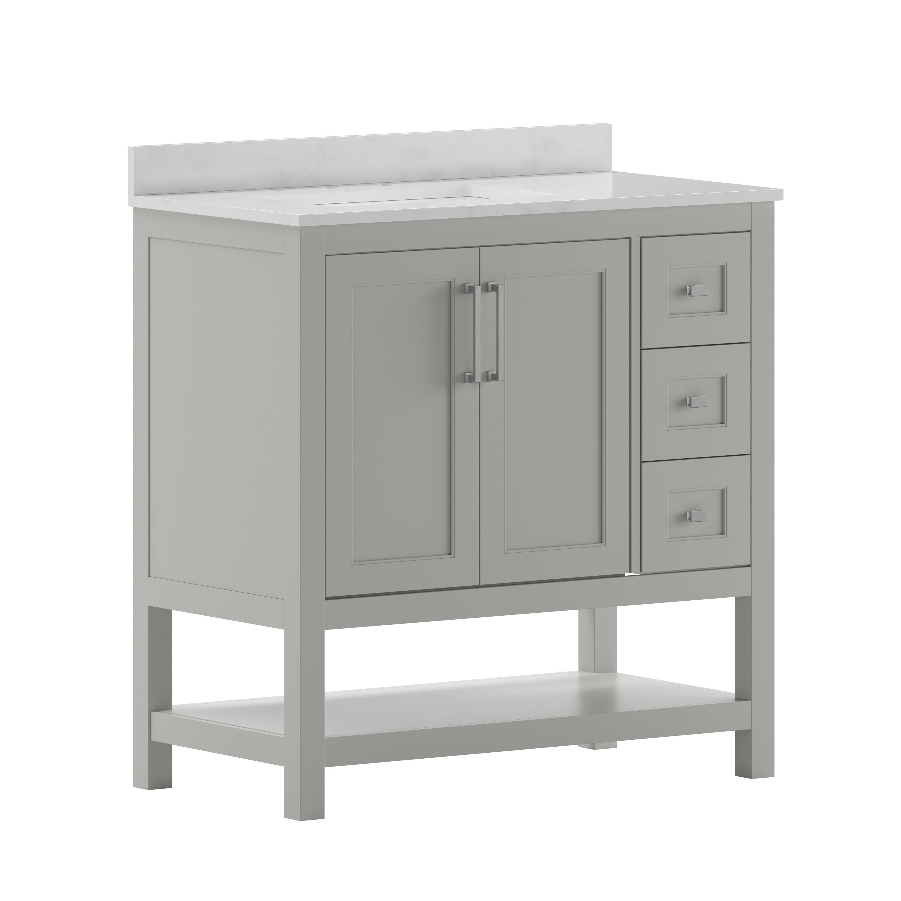 Vega 36 Inch Bathroom Vanity with Sink, Storage Cabinet with Soft Close Doors, Open Shelf and 3 Drawers, Carrara Marble Finish Countertop, Gray/White