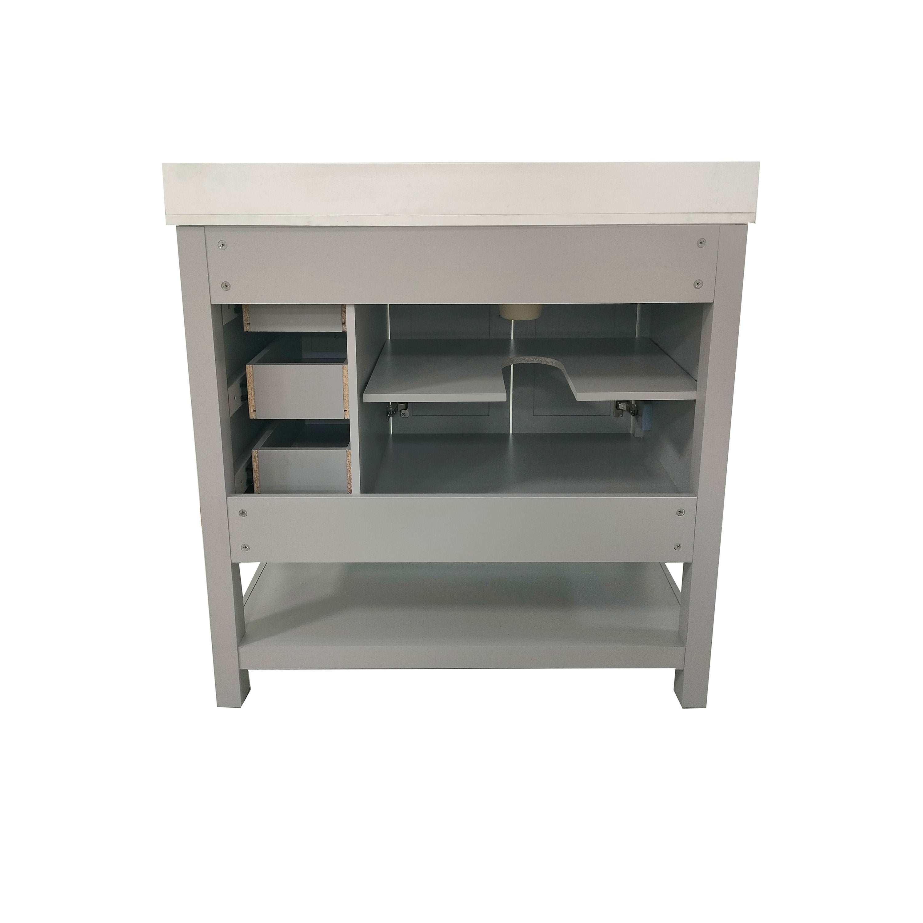 Vega 36 Inch Bathroom Vanity with Sink, Storage Cabinet with Soft Close Doors, Open Shelf and 3 Drawers, Carrara Marble Finish Countertop, Gray/White