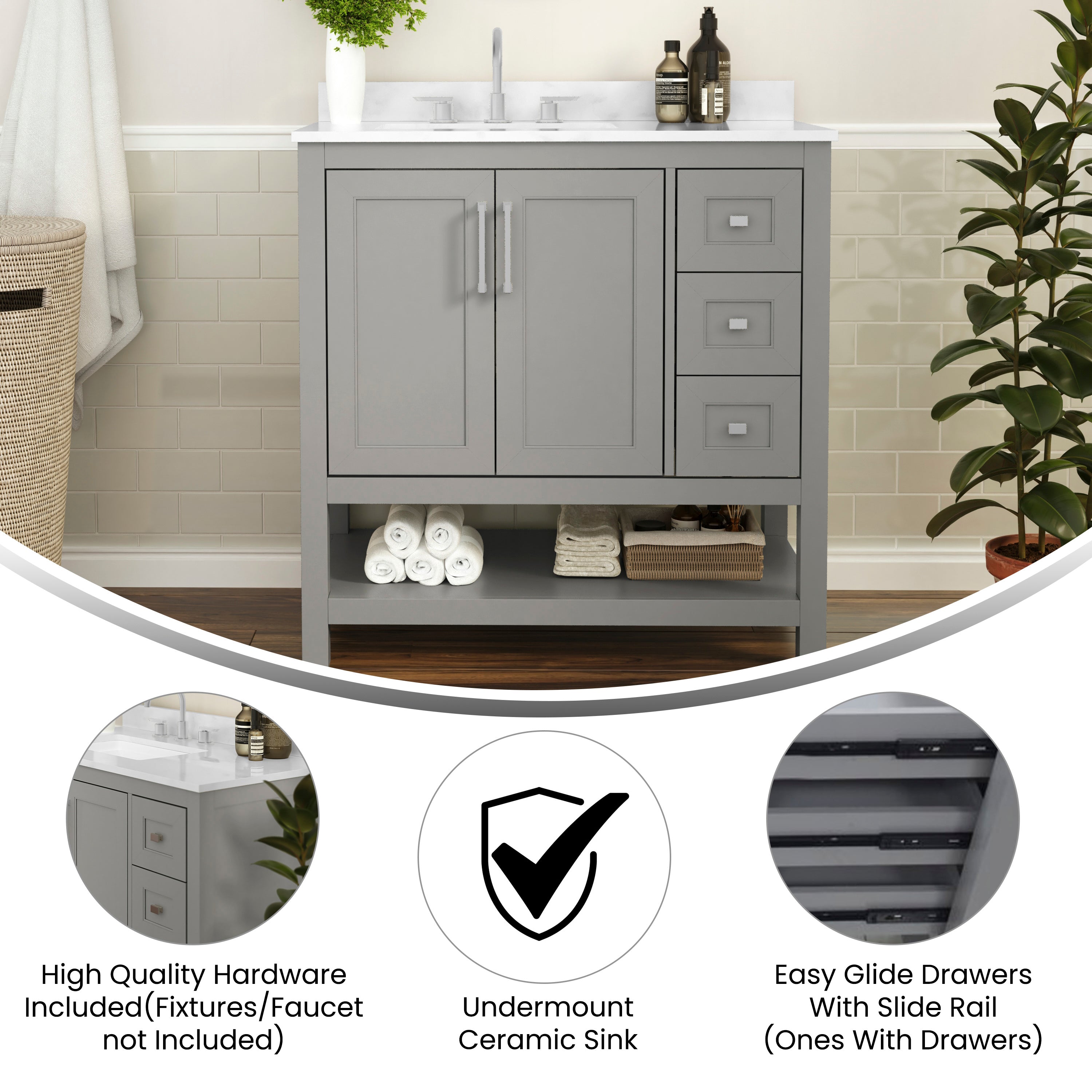 Vega 36 Inch Bathroom Vanity with Sink, Storage Cabinet with Soft Close Doors, Open Shelf and 3 Drawers, Carrara Marble Finish Countertop, Gray/White