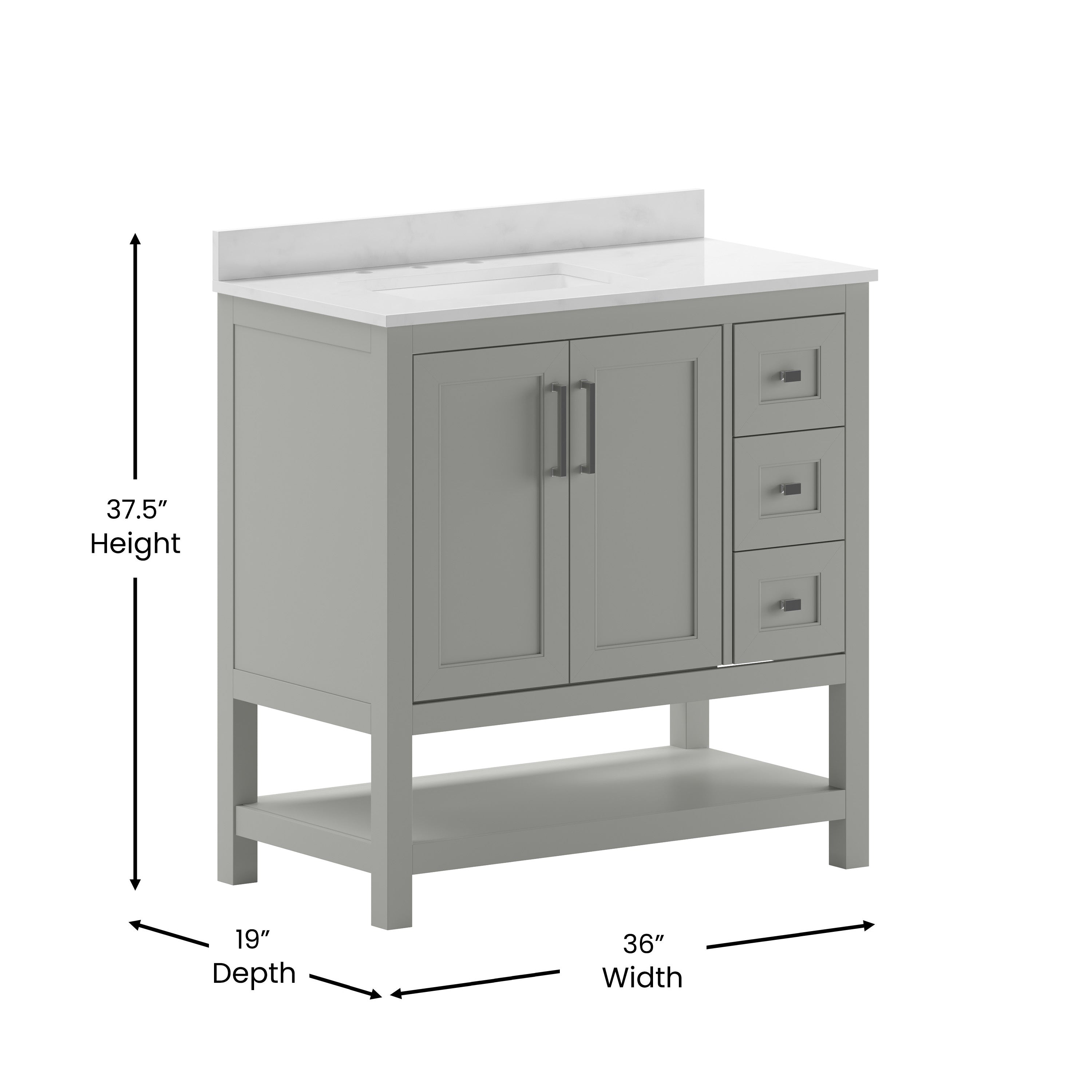 Vega 36 Inch Bathroom Vanity with Sink, Storage Cabinet with Soft Close Doors, Open Shelf and 3 Drawers, Carrara Marble Finish Countertop, Gray/White