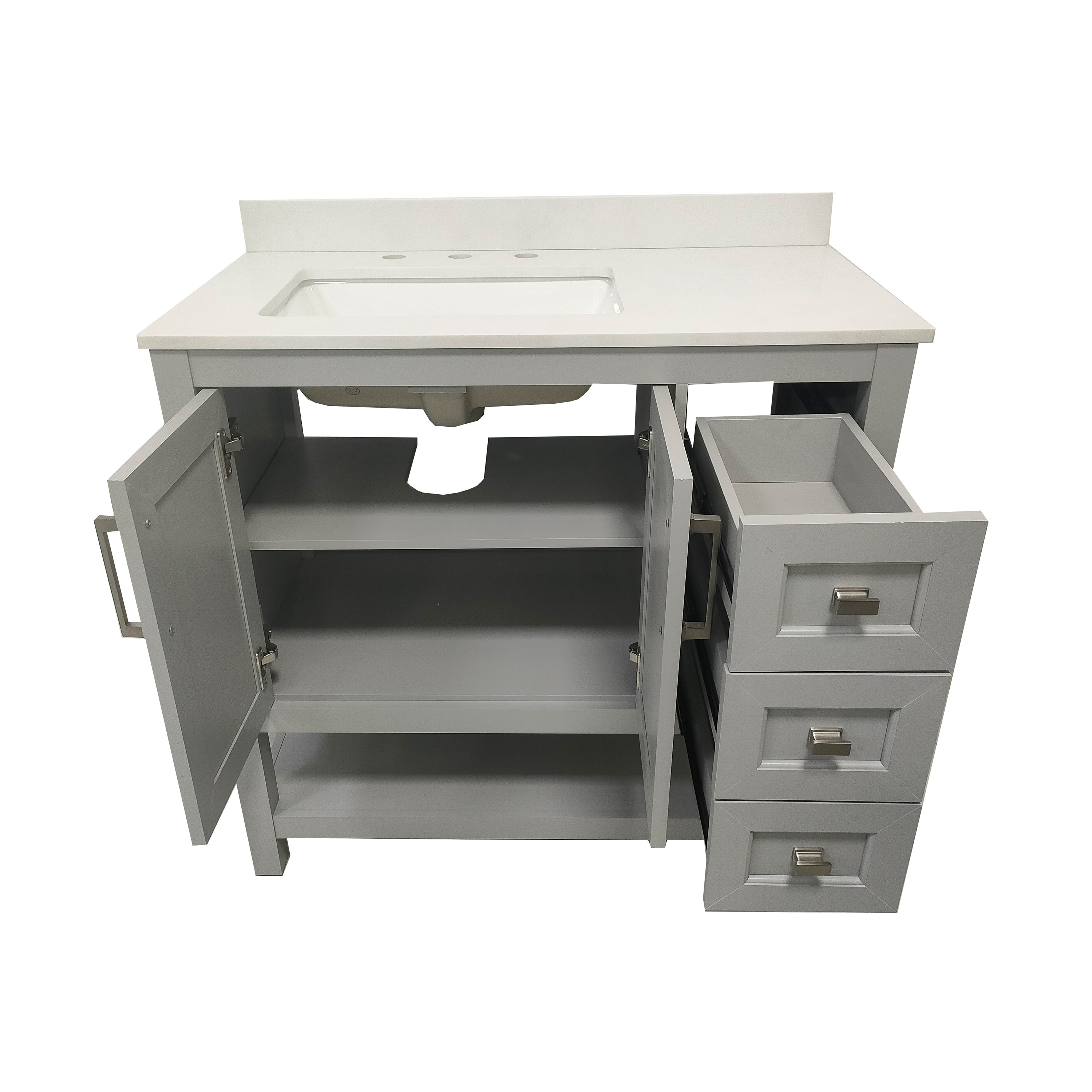 Vega 36 Inch Bathroom Vanity with Sink, Storage Cabinet with Soft Close Doors, Open Shelf and 3 Drawers, Carrara Marble Finish Countertop, Gray/White