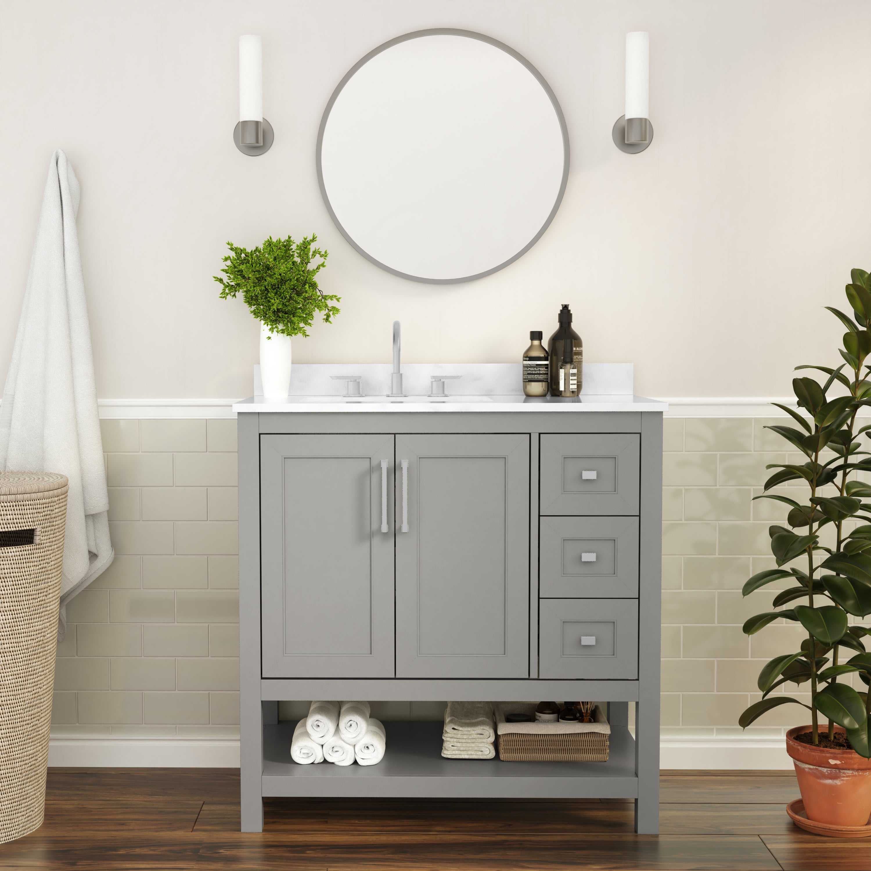 Vega 36 Inch Bathroom Vanity with Sink, Storage Cabinet with Soft Close Doors, Open Shelf and 3 Drawers, Carrara Marble Finish Countertop, Gray/White