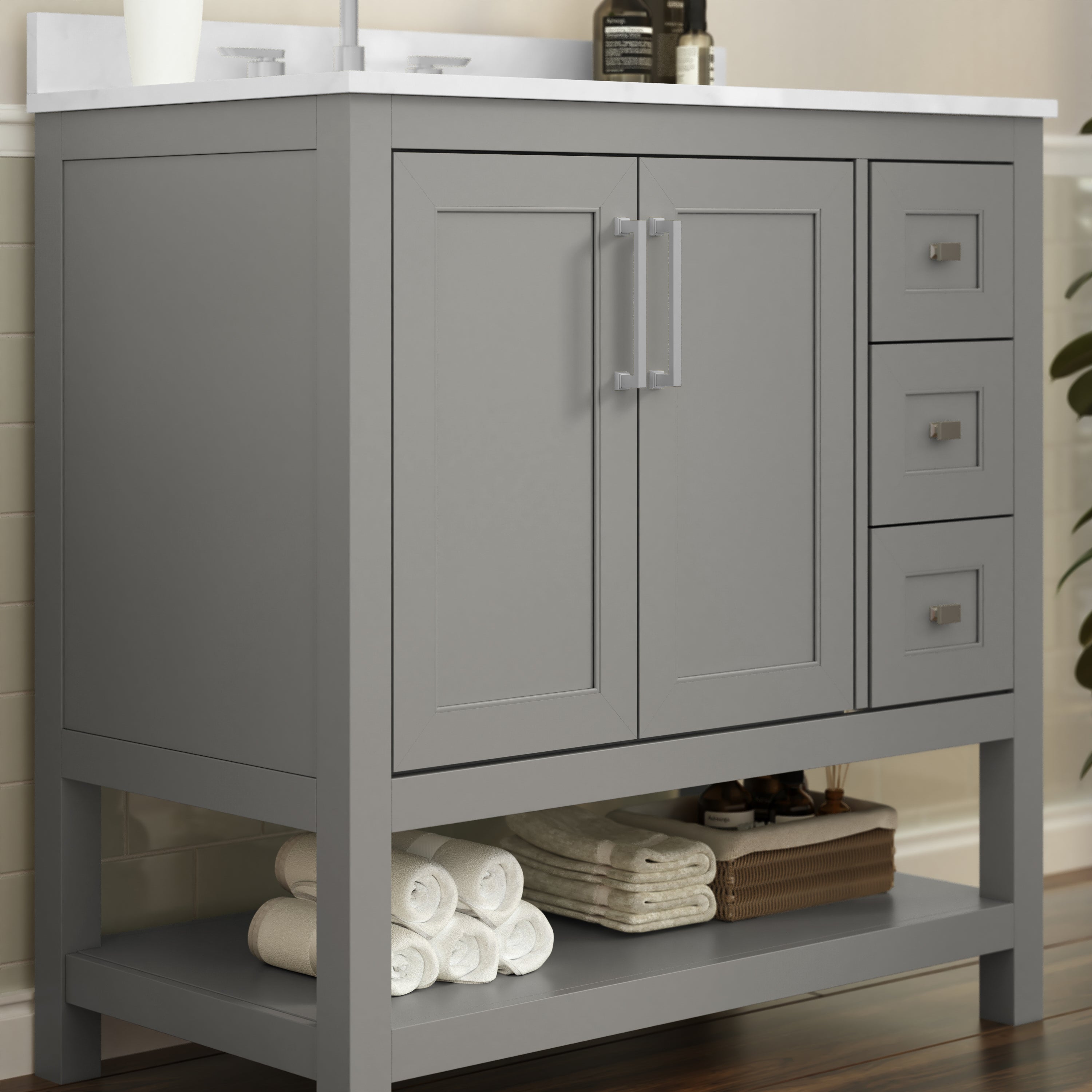 Vega 36 Inch Bathroom Vanity with Sink, Storage Cabinet with Soft Close Doors, Open Shelf and 3 Drawers, Carrara Marble Finish Countertop, Gray/White