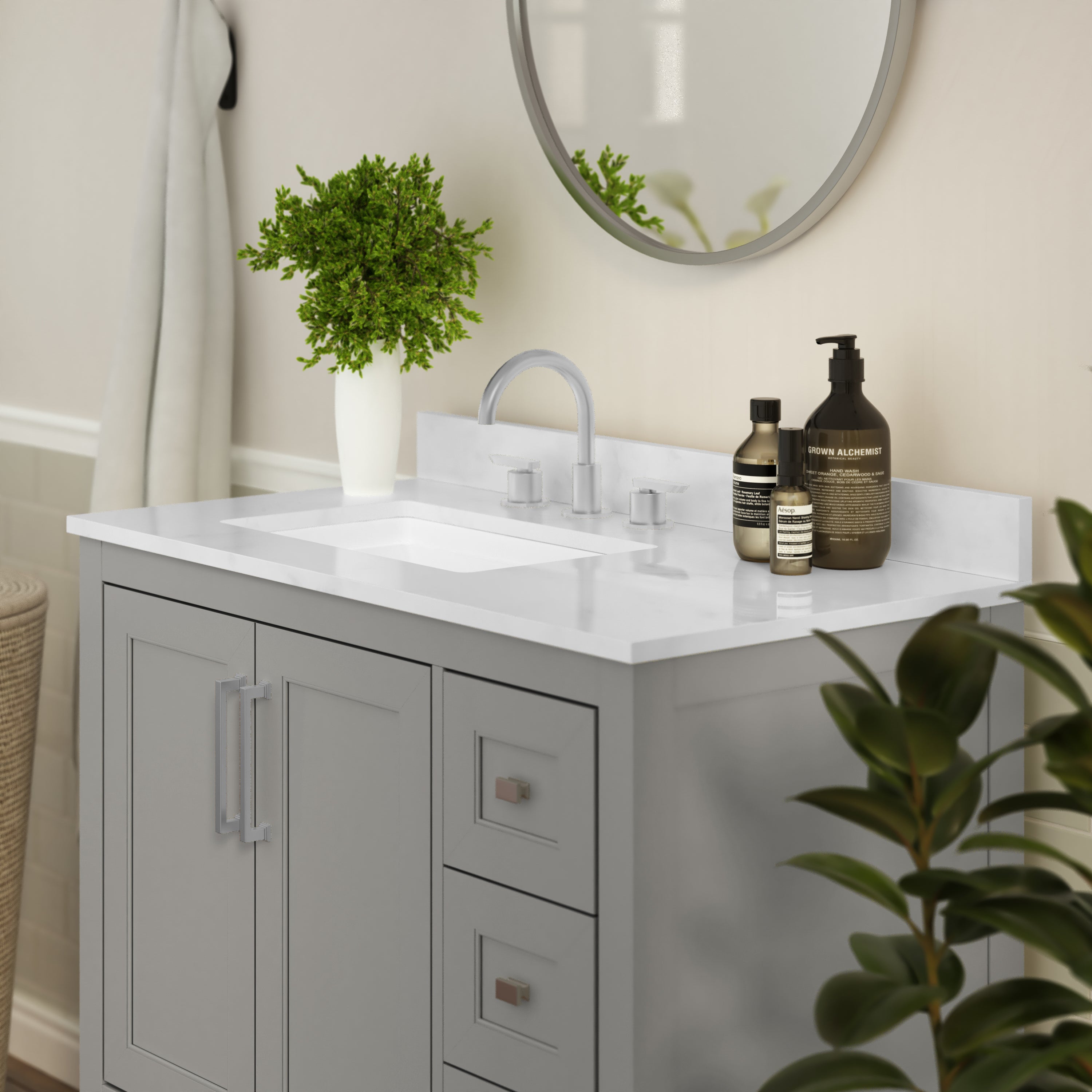 Vega 36 Inch Bathroom Vanity with Sink, Storage Cabinet with Soft Close Doors, Open Shelf and 3 Drawers, Carrara Marble Finish Countertop, Gray/White