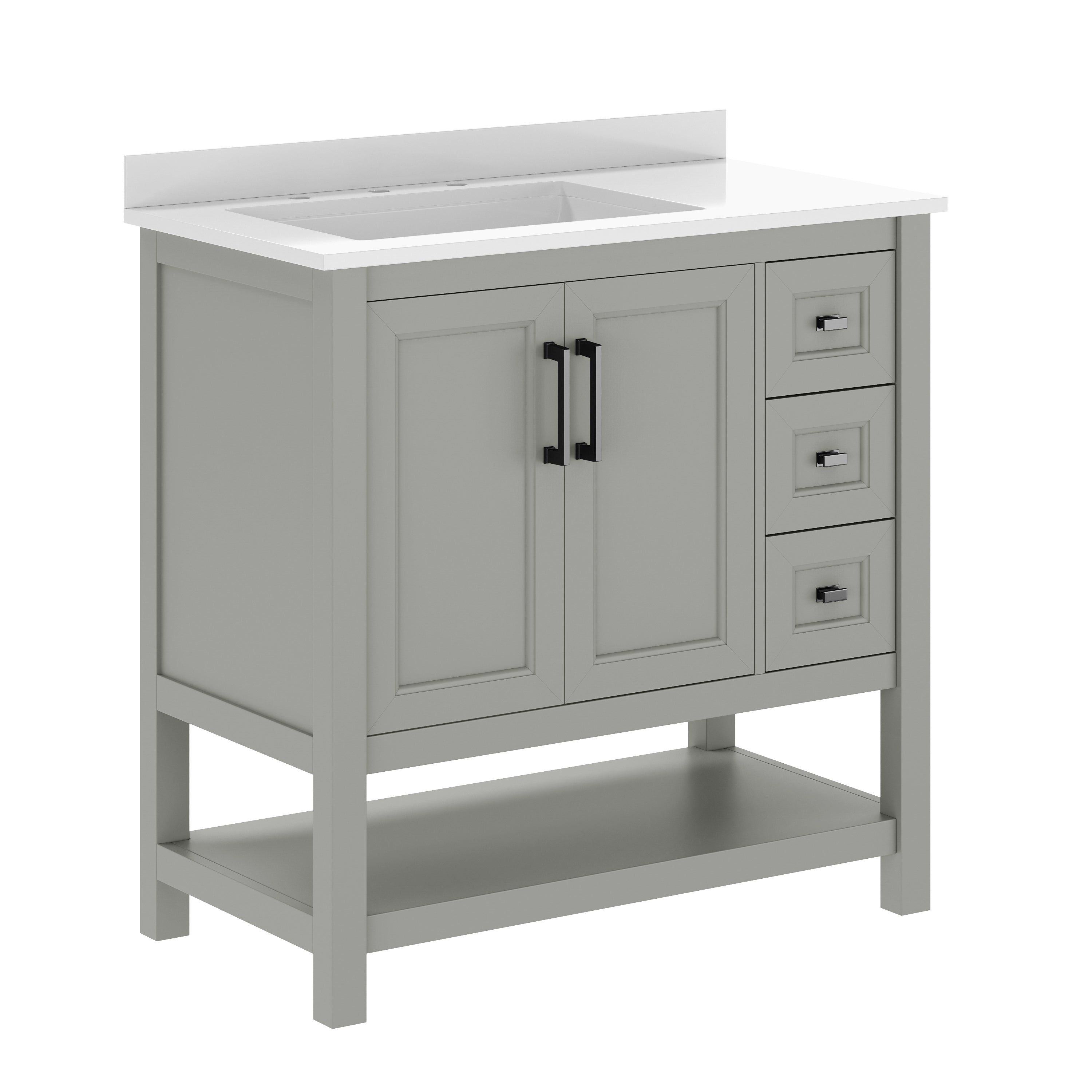 Vega 36" Bathroom Vanity with Sink, Cabinet with Black Hardware, Soft Close Doors, Open Shelf & 3 Drawers, Carrara Marble Finish Counter, Gray/White