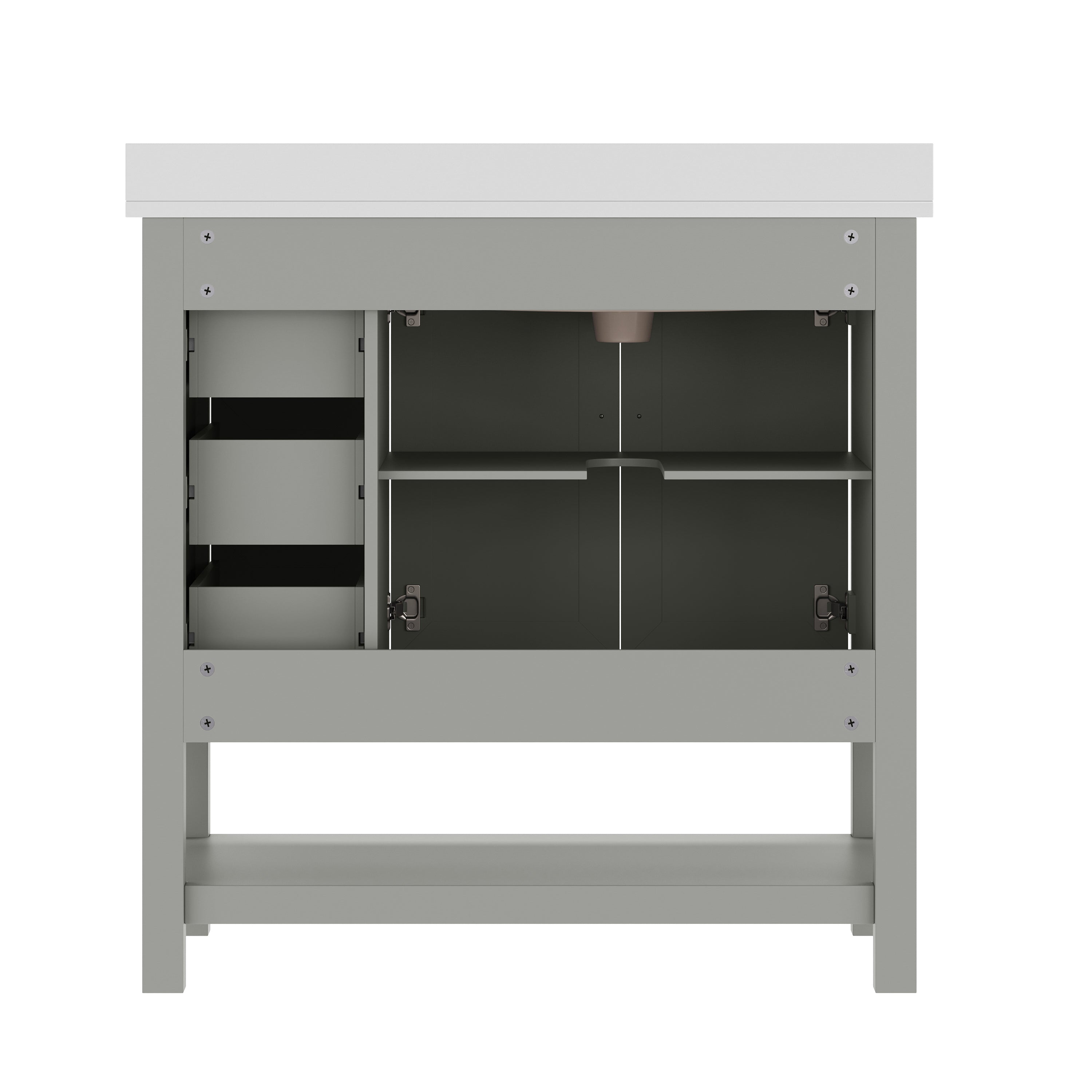 Vega 36" Bathroom Vanity with Sink, Cabinet with Black Hardware, Soft Close Doors, Open Shelf & 3 Drawers, Carrara Marble Finish Counter, Gray/White