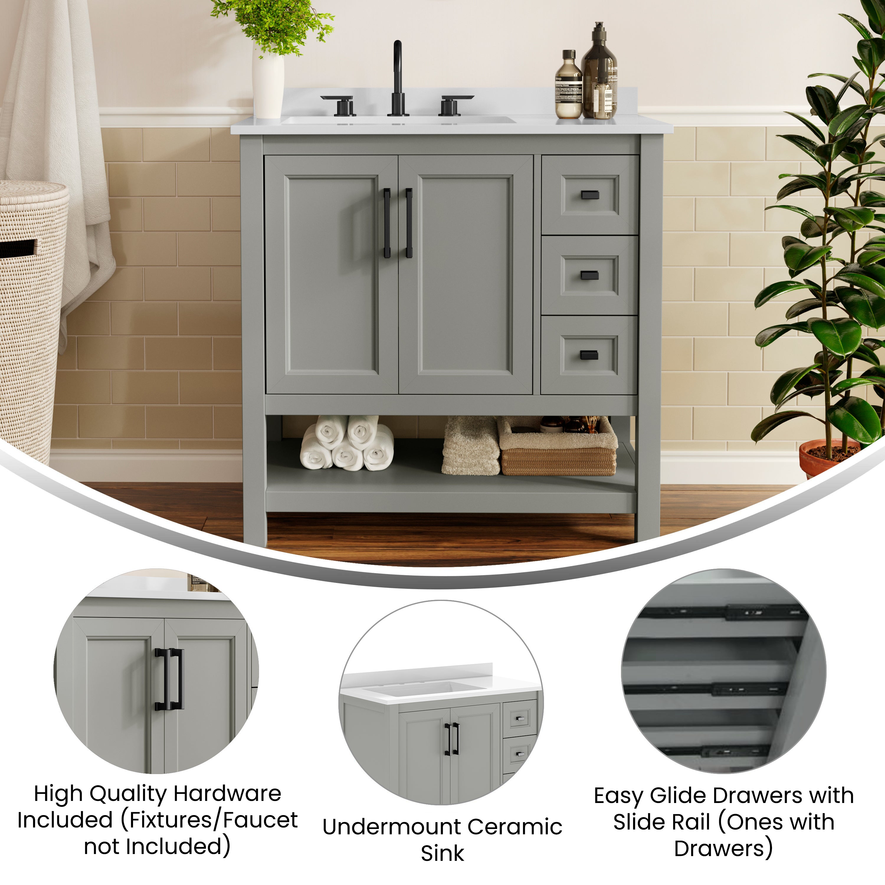 Vega 36" Bathroom Vanity with Sink, Cabinet with Black Hardware, Soft Close Doors, Open Shelf & 3 Drawers, Carrara Marble Finish Counter, Gray/White