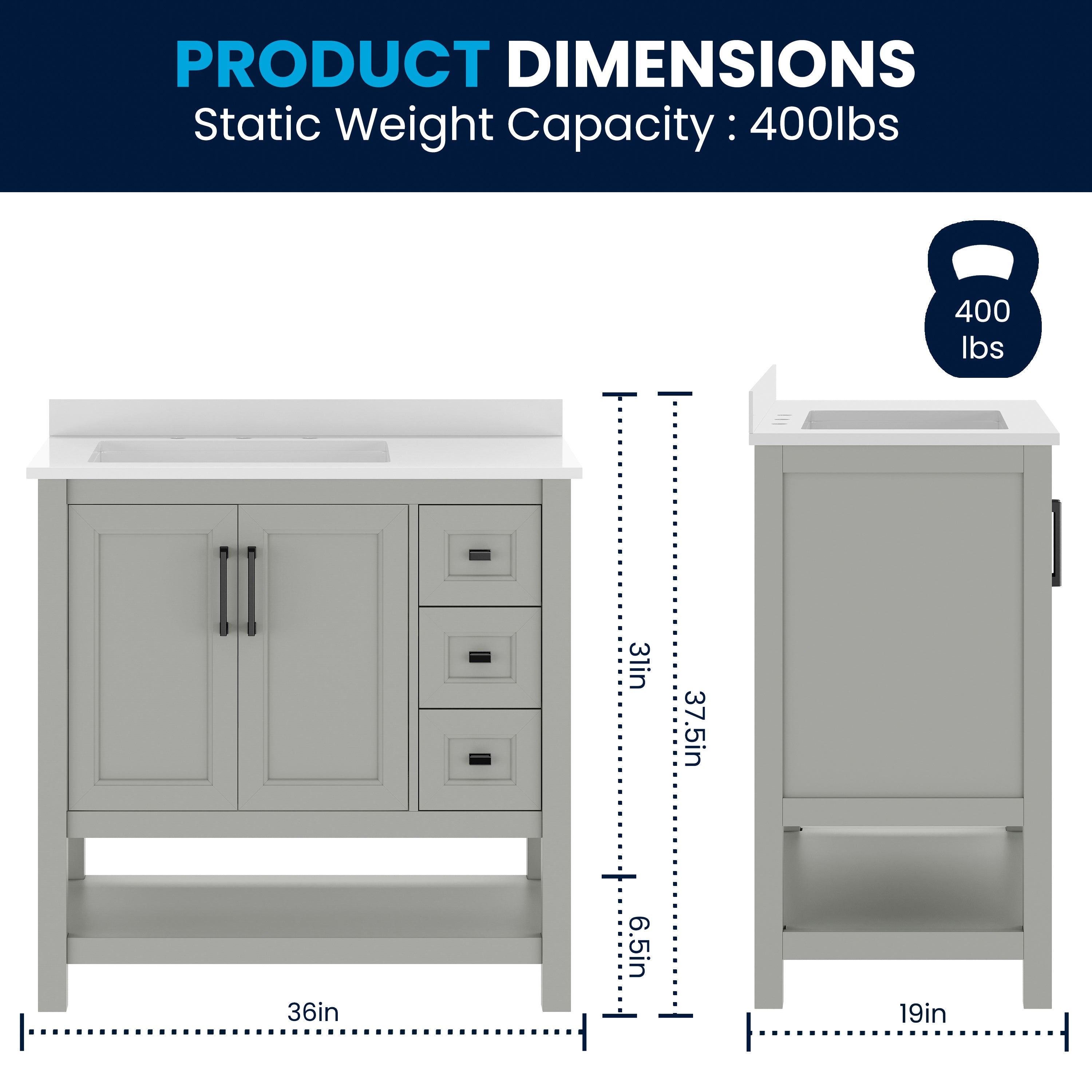 Vega 36" Bathroom Vanity with Sink, Cabinet with Black Hardware, Soft Close Doors, Open Shelf & 3 Drawers, Carrara Marble Finish Counter, Gray/White